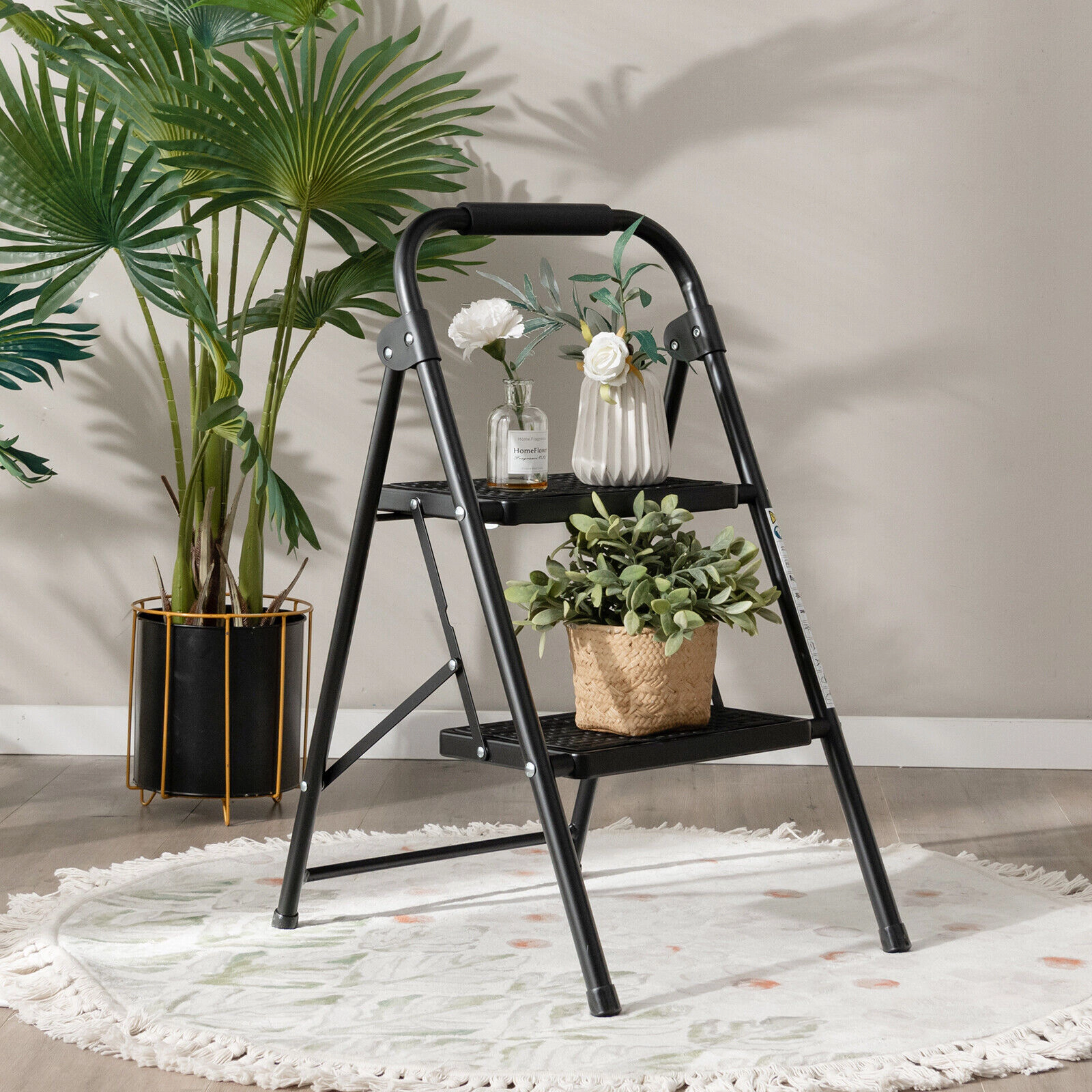 SUGIFT Folding 2-Step Metal Ladder Step Stool EVA Padded Handle Anti-Slip 330-lb Capacity 12 x 8-in Pedals Black