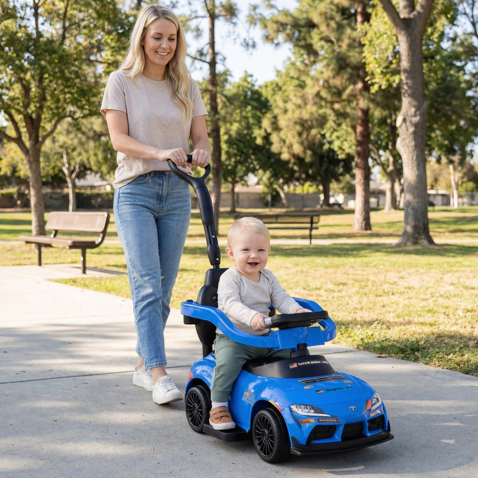 3-in-1 Toddler Push Car Parent Handle Guardrail Anti-Tip Kit One-Click Mode Switch Ages 1.5-5 Blue Ride On Toy