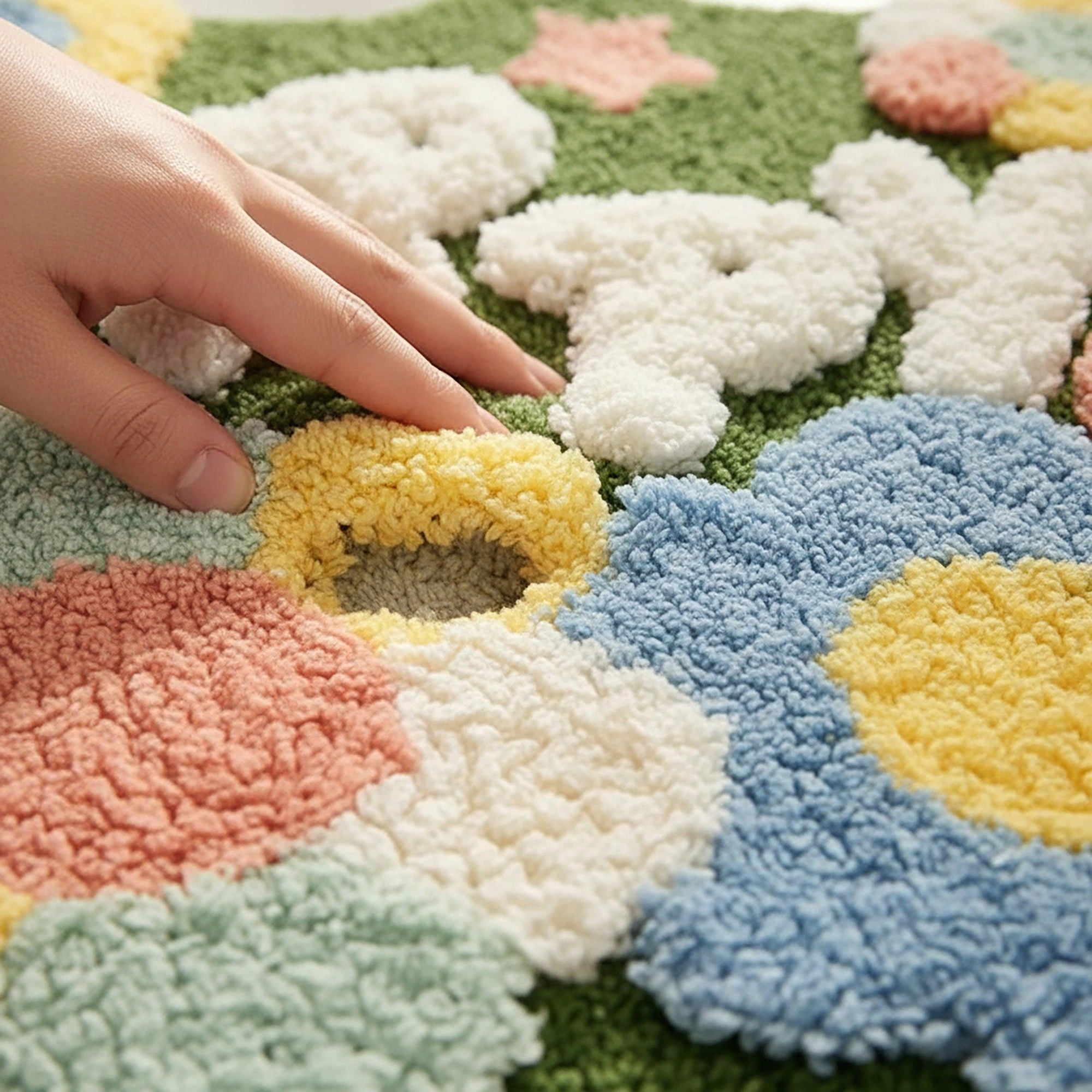 Alilang Unisex Tufted Floor Mat with Happy Text and Floral Pattern Non Slip Backing Soft Plush Decorative Scalloped Edge