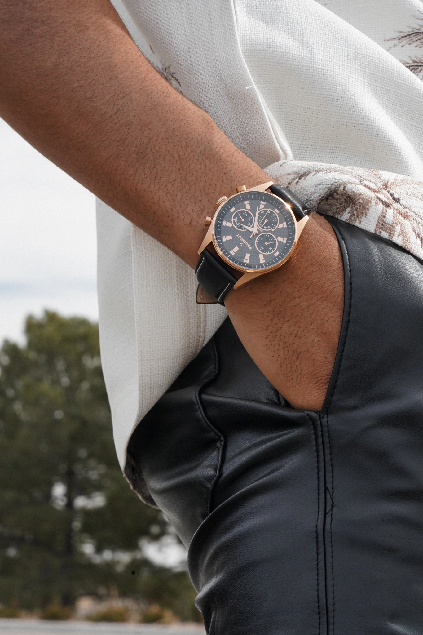 Peugeot Men Rose-Gold Plated Multi-Function Leather Strap Watch