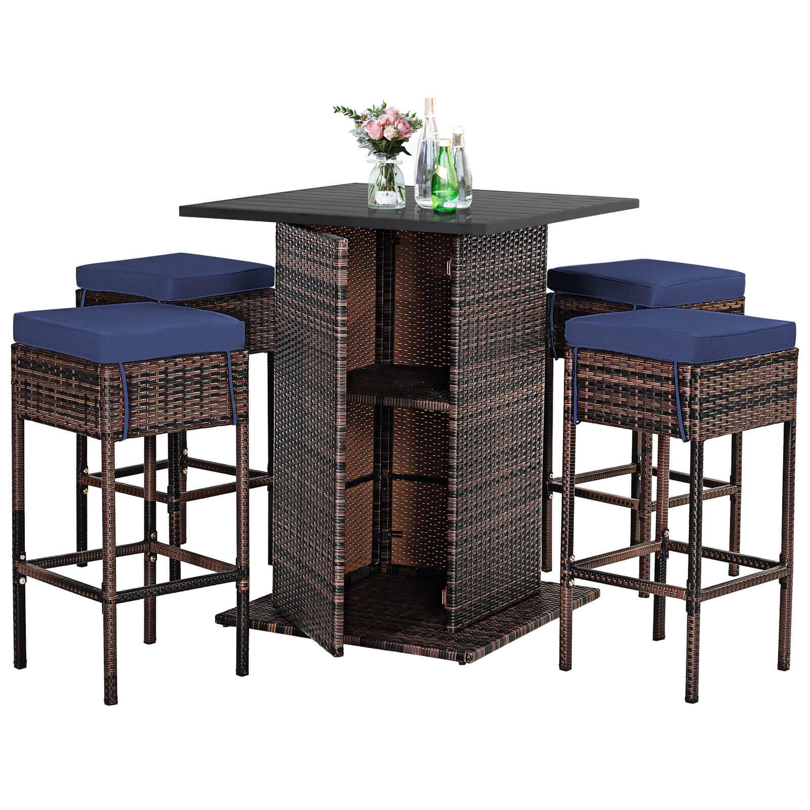 LJG 5 Pieces Patio Rattan Bar Table Stool Set Hidden Storage Shelf Cushioned