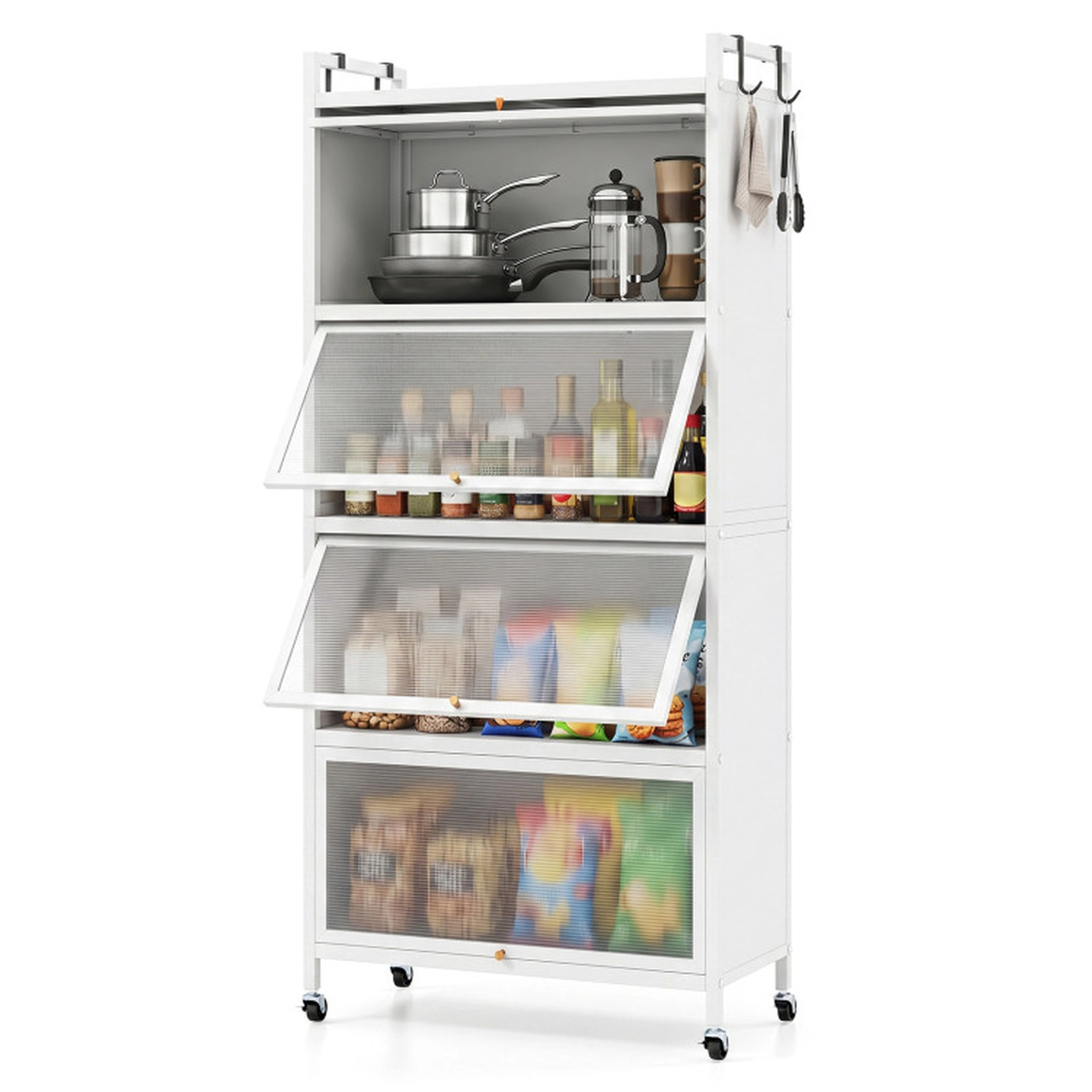 SUGIFT 5-Tier 45-lb Per-Tier 60-in White Storage Cabinet with 4 Flip-Up PC Doors Rolling Wheels and Guardrails