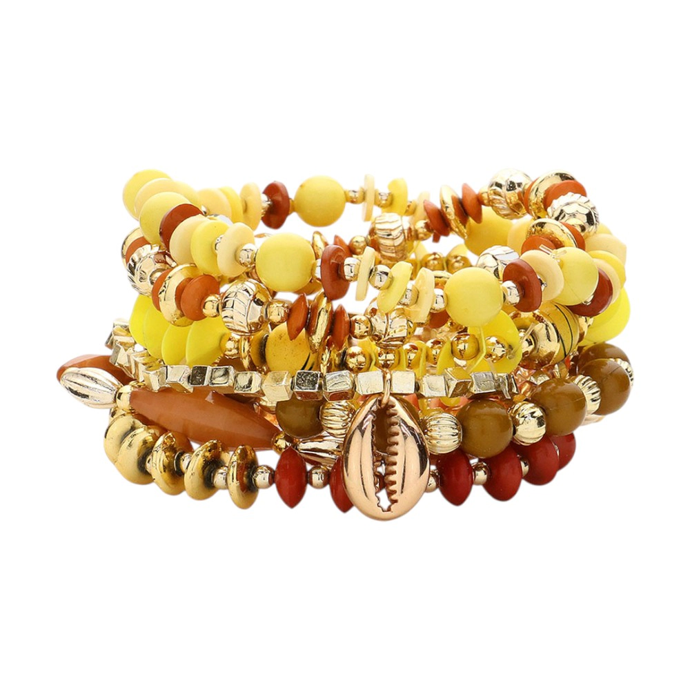 FASHNZFAB 8PCS - Charm Pointed Various Beads Beaded Stretch Multi Layered Bracelets