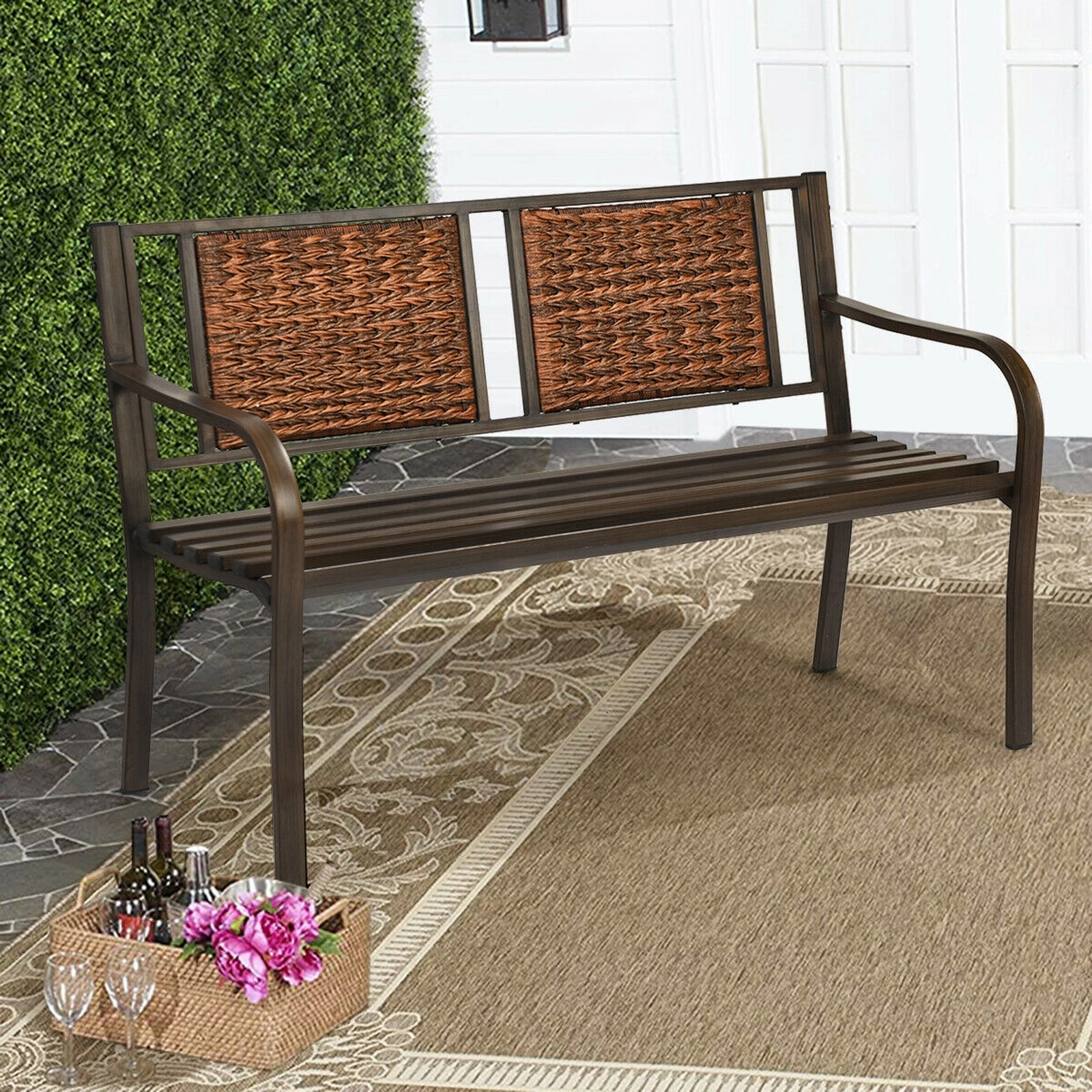 SUGIFT Patio Garden Bench with PE Rattan Back and Powder Coated Steel Frame 500-lb Capacity Bronze