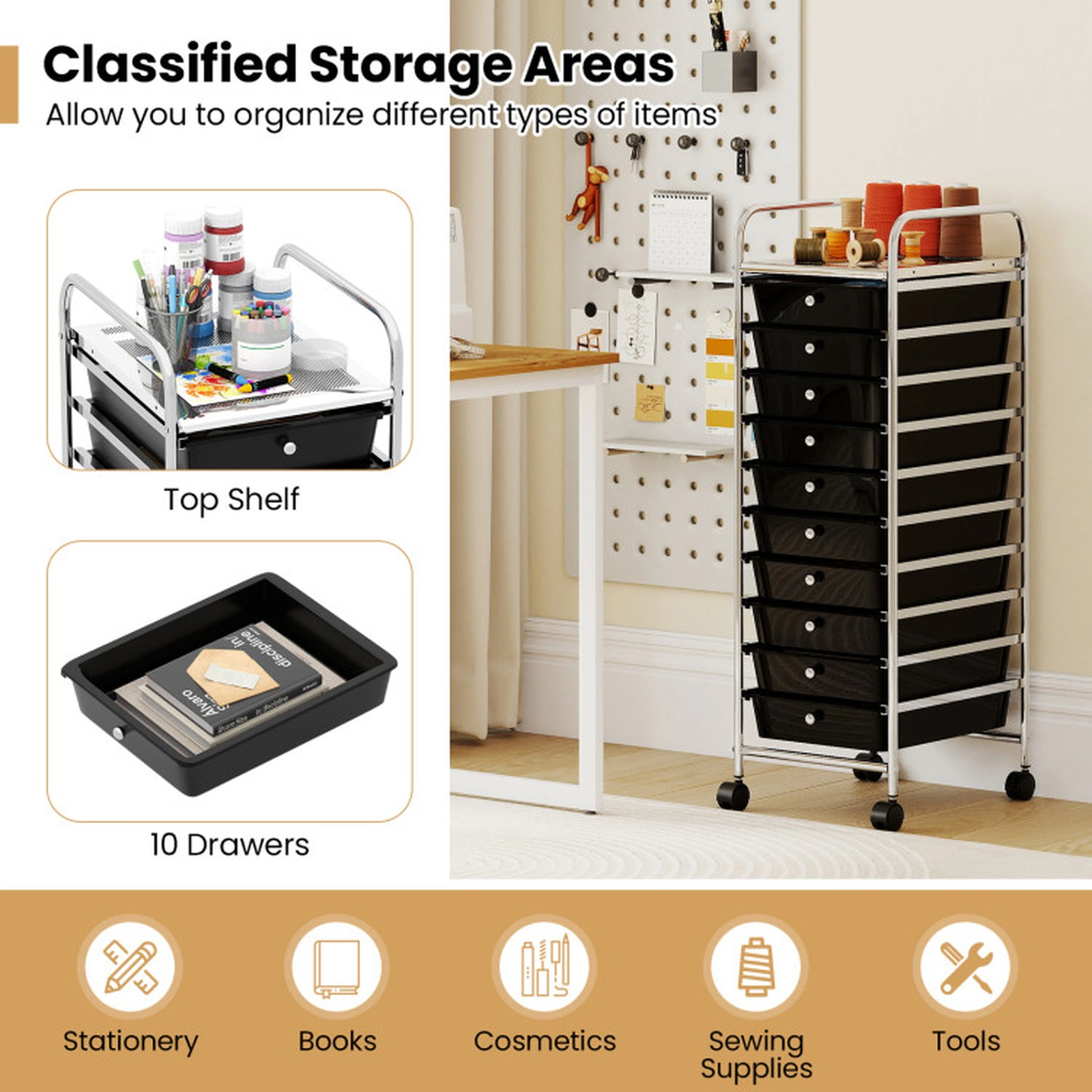 SUGIFT 38-in Tall 10-Drawer Rolling Cart Chrome Frame Drawer Tower for Dorm Closet and Bedroom Storage
