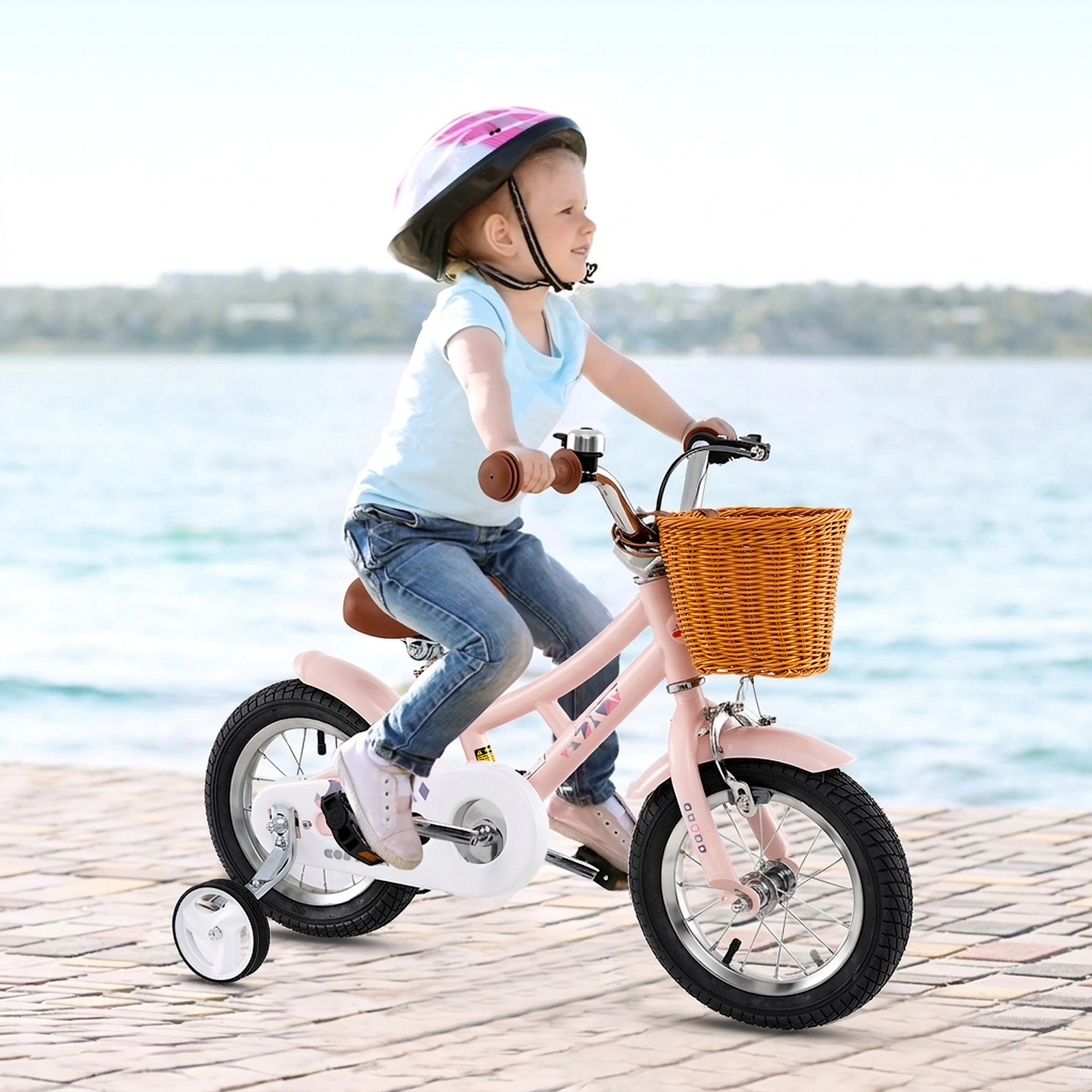 SUGIFT 12-in Kids Retro Bicycle Adjustable Seat Handbrake Coaster Brake Training Wheels & Basket 110-lb Capacity Ages
