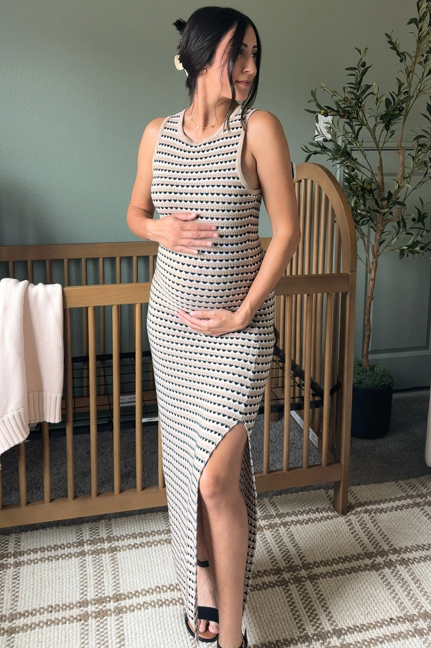 PinkBlush Womens Beige Striped Knit Fitted Sleeveless Maternity Maxi Dress