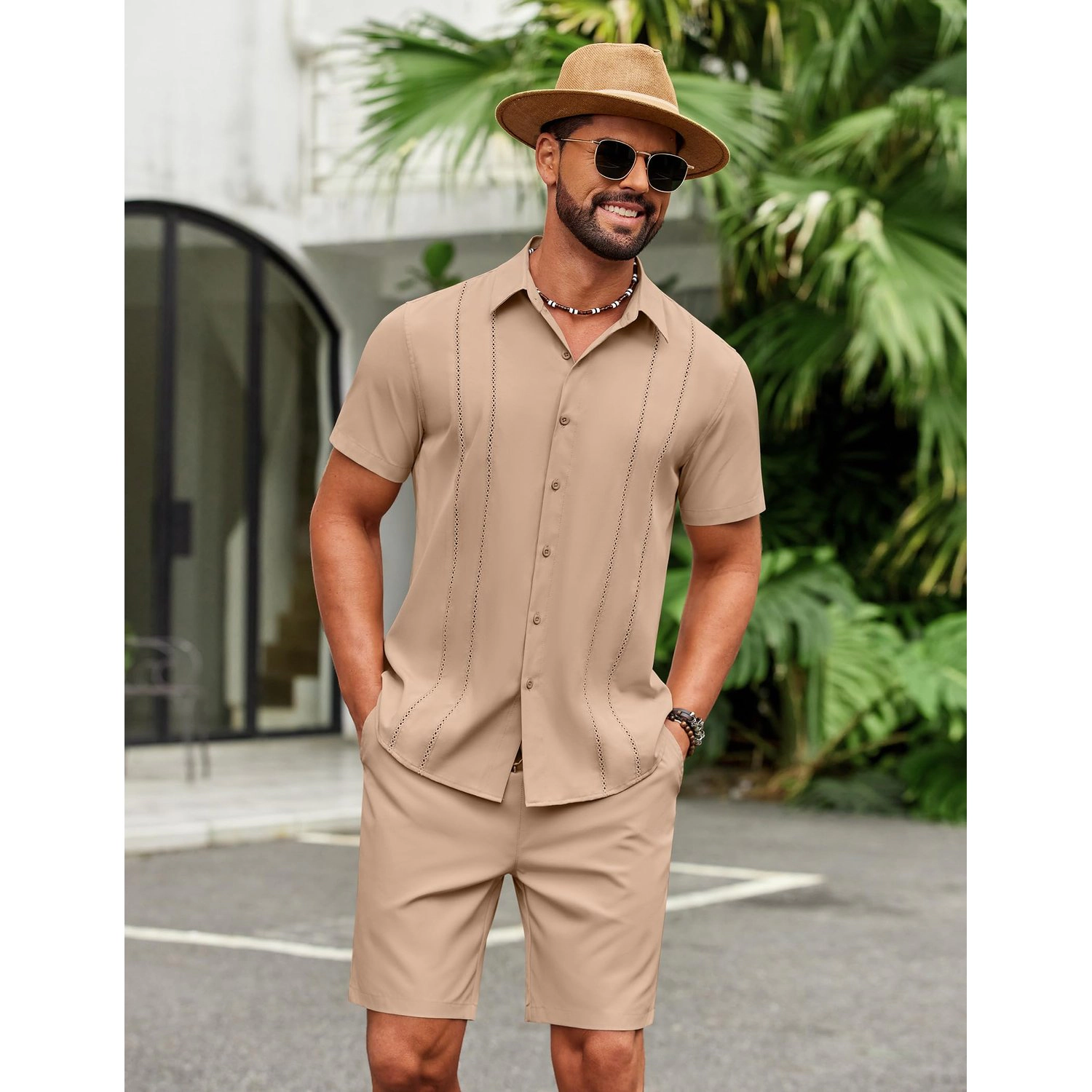 COOFANDY Mens  Short Sleeve Button Down Shirt Tropical Leaf Print Casual Tops