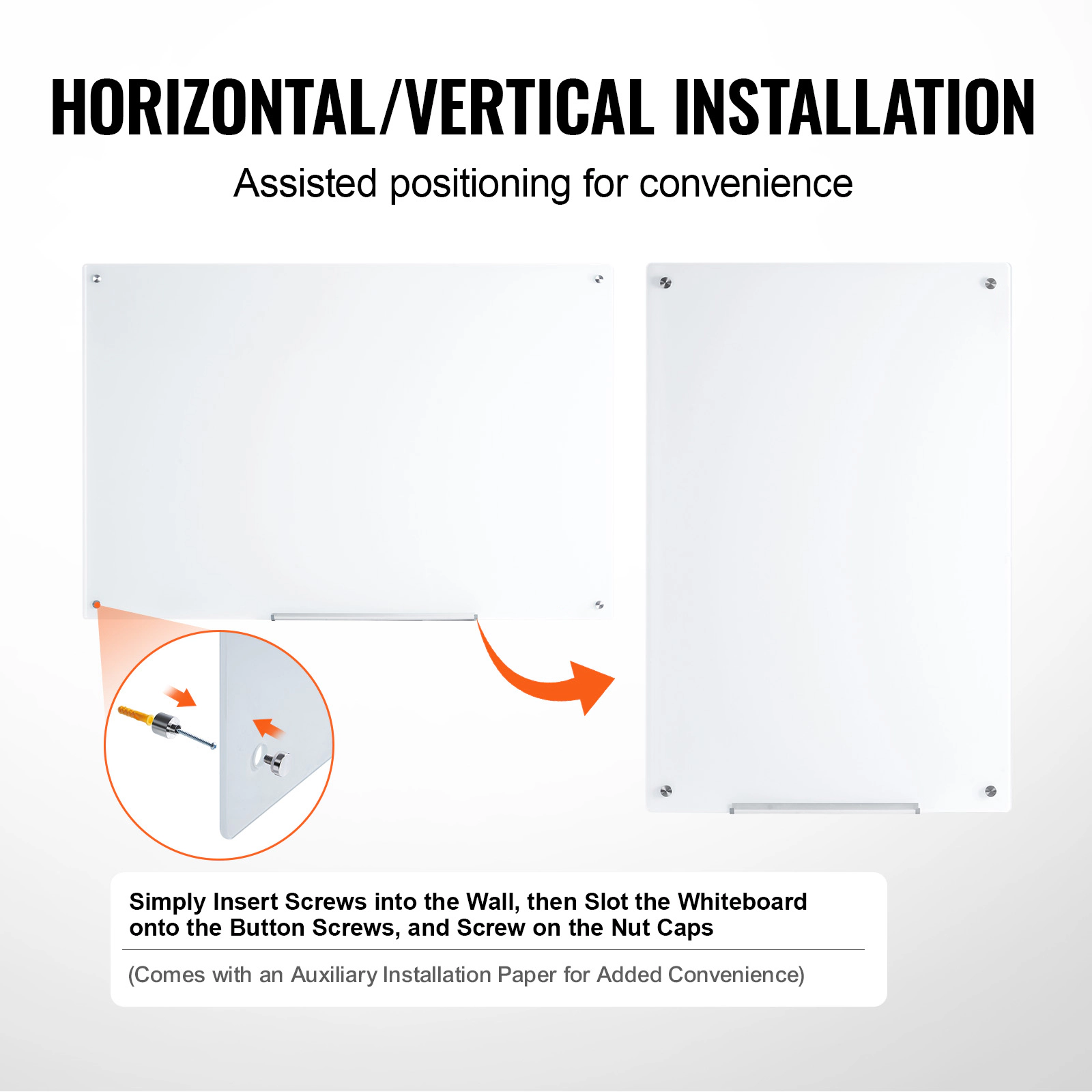 HONGGE Magnetic Glass Whiteboard Dry Erase Board Wall-Mounted Large White Glassboard Frameless with Marker Tray an