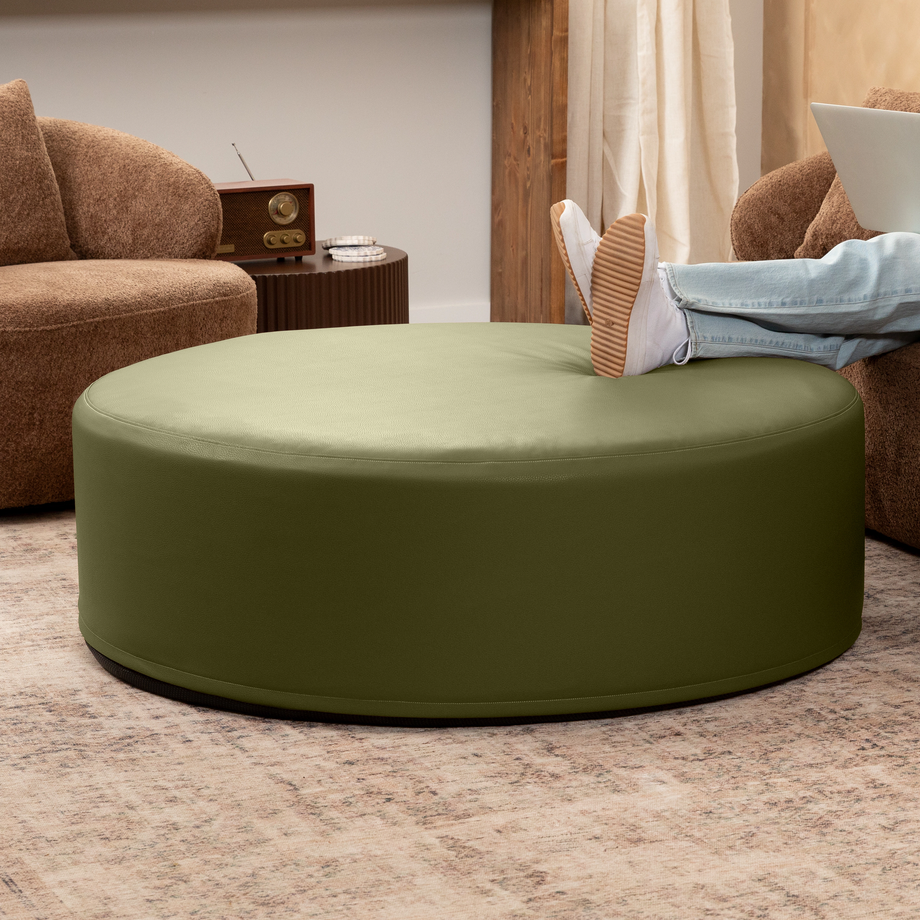 Jaxx Candler Round Couch Ottoman Versatile Firm Foam Construction, 44”, Premium Faux Leather