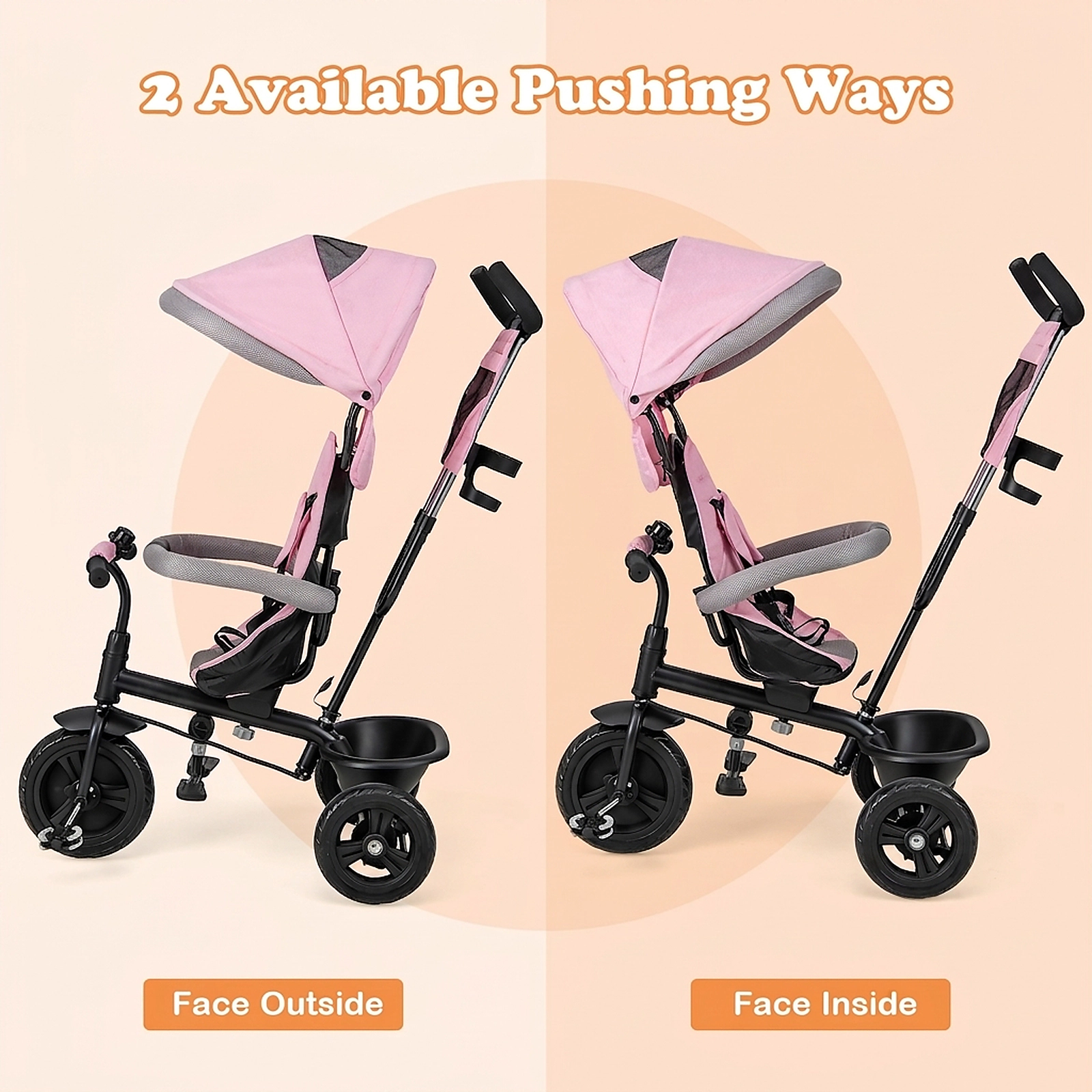 SUGIFT Pink 55-lb Capacity 4-in-1 Baby Trike Toddler Tricycle with Removable Canopy and Push Handle