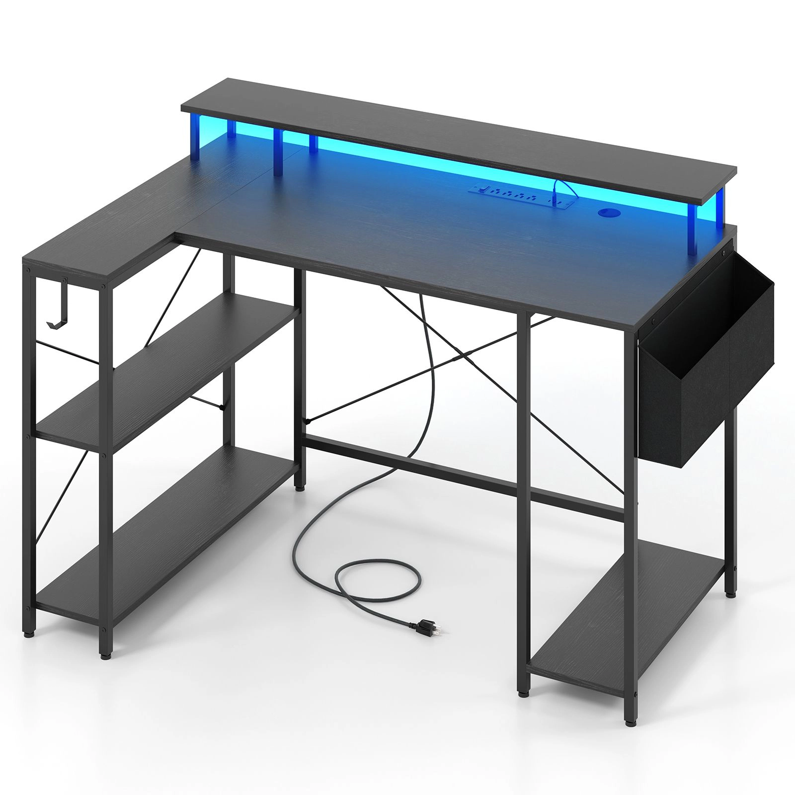 SlickBlue L Shaped Gaming Desk with LED Lights Charging Station Storage