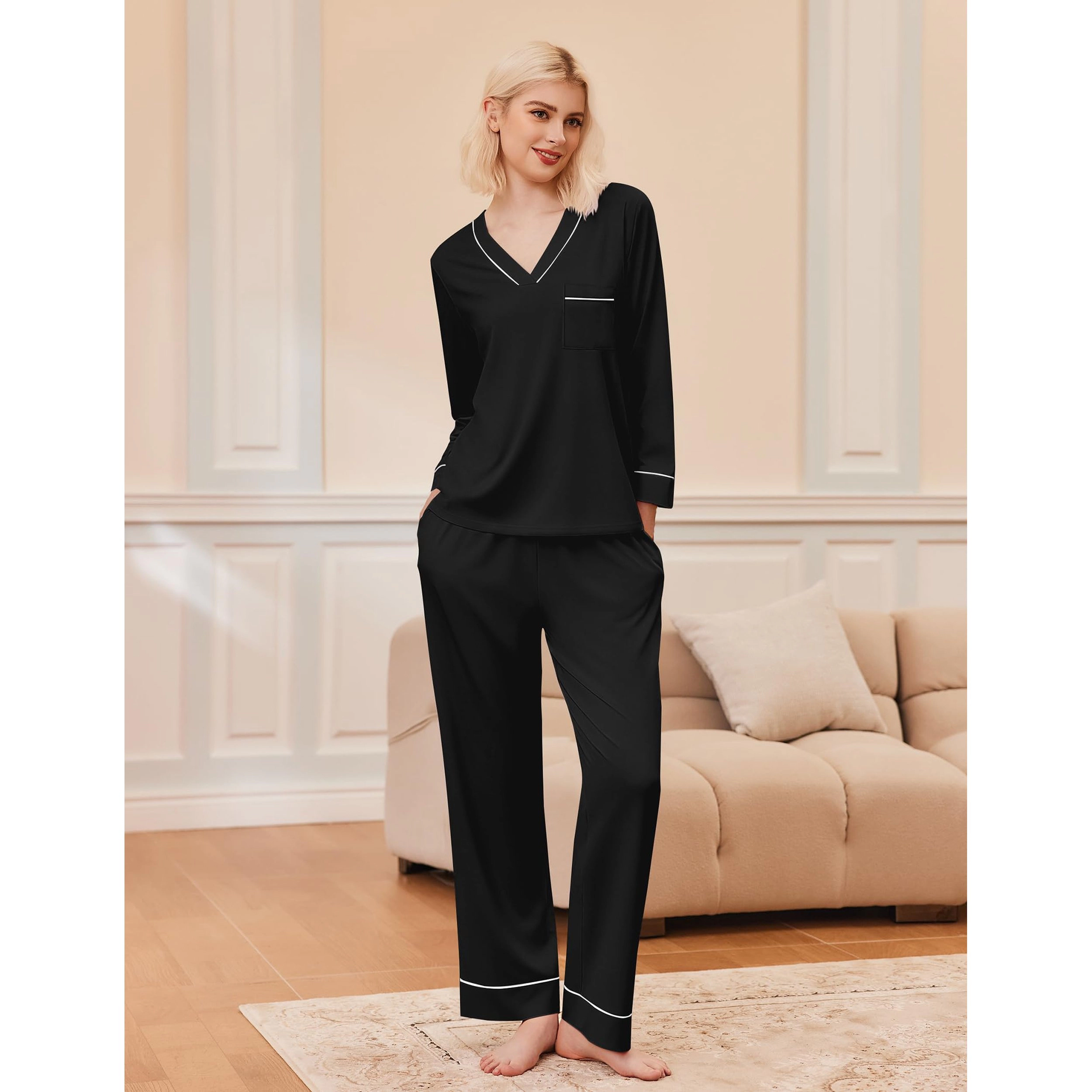 Ekouaer Women's V Neck Long Sleeve Pajamas Set 2 Piece Sleepwear
