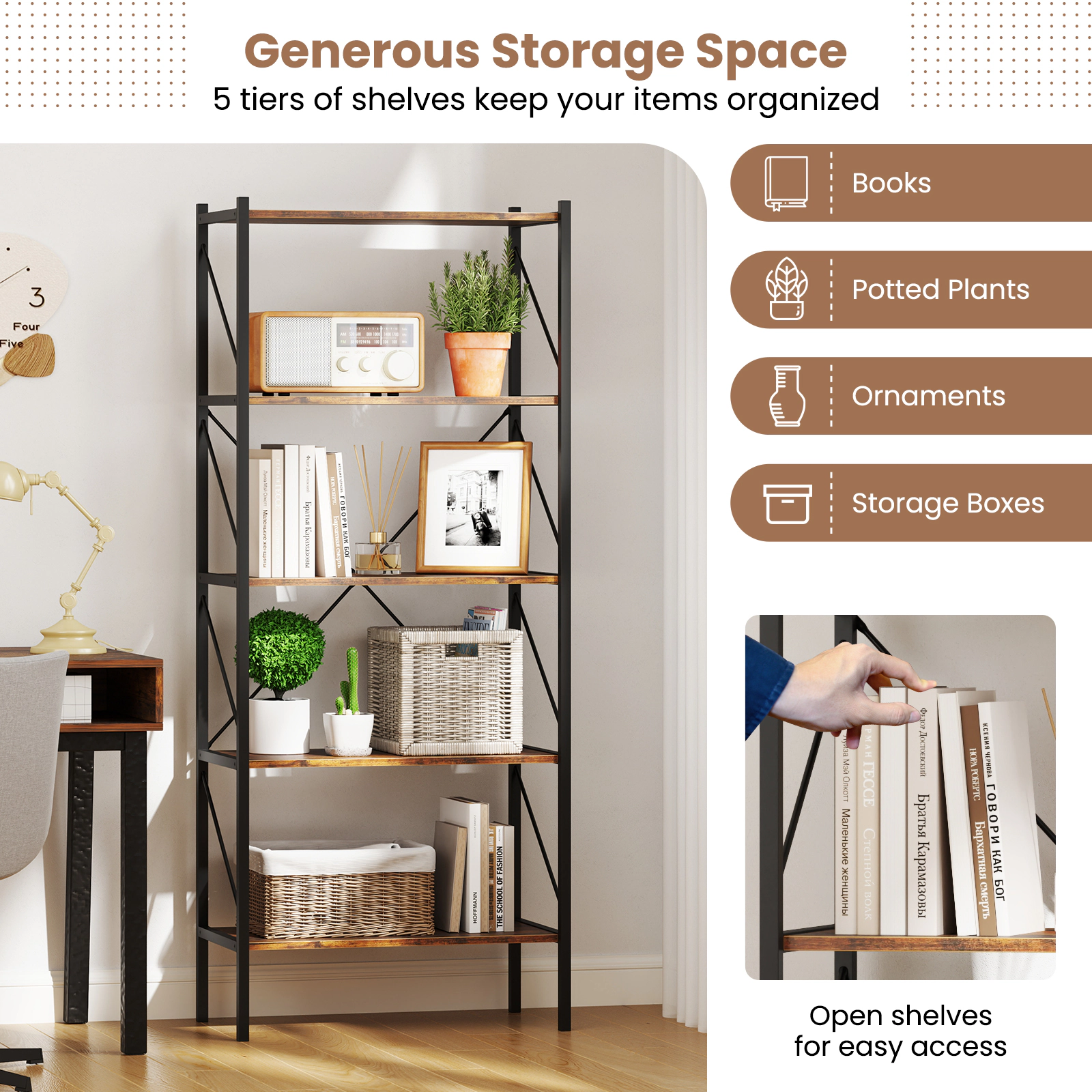 SUGIFT Rustic Brown 5-Tier Bookshelf 63 in with Heavy-Duty Metal Frame
