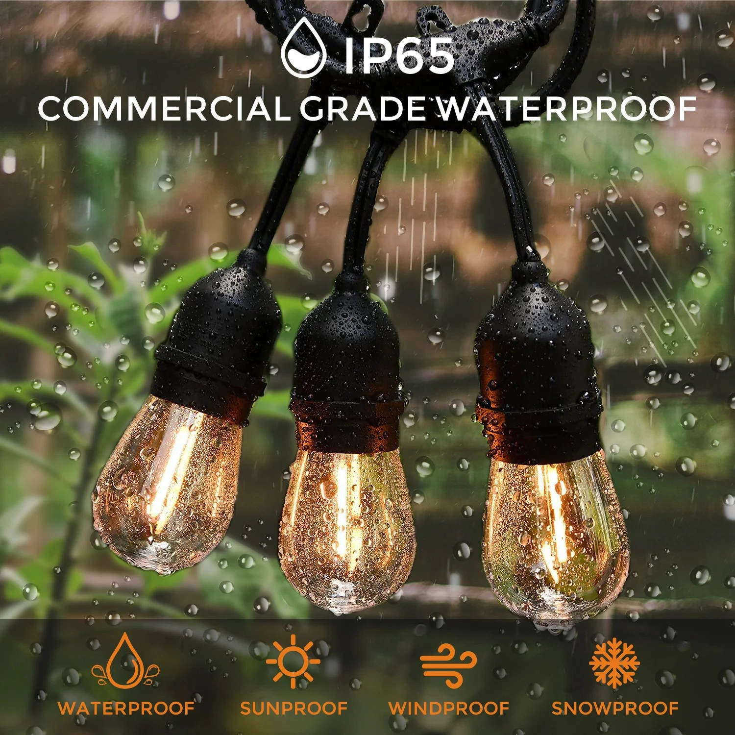 Sonicgrace 48FT Patio String Lights 15 LED Bulbs IP65 Waterproof