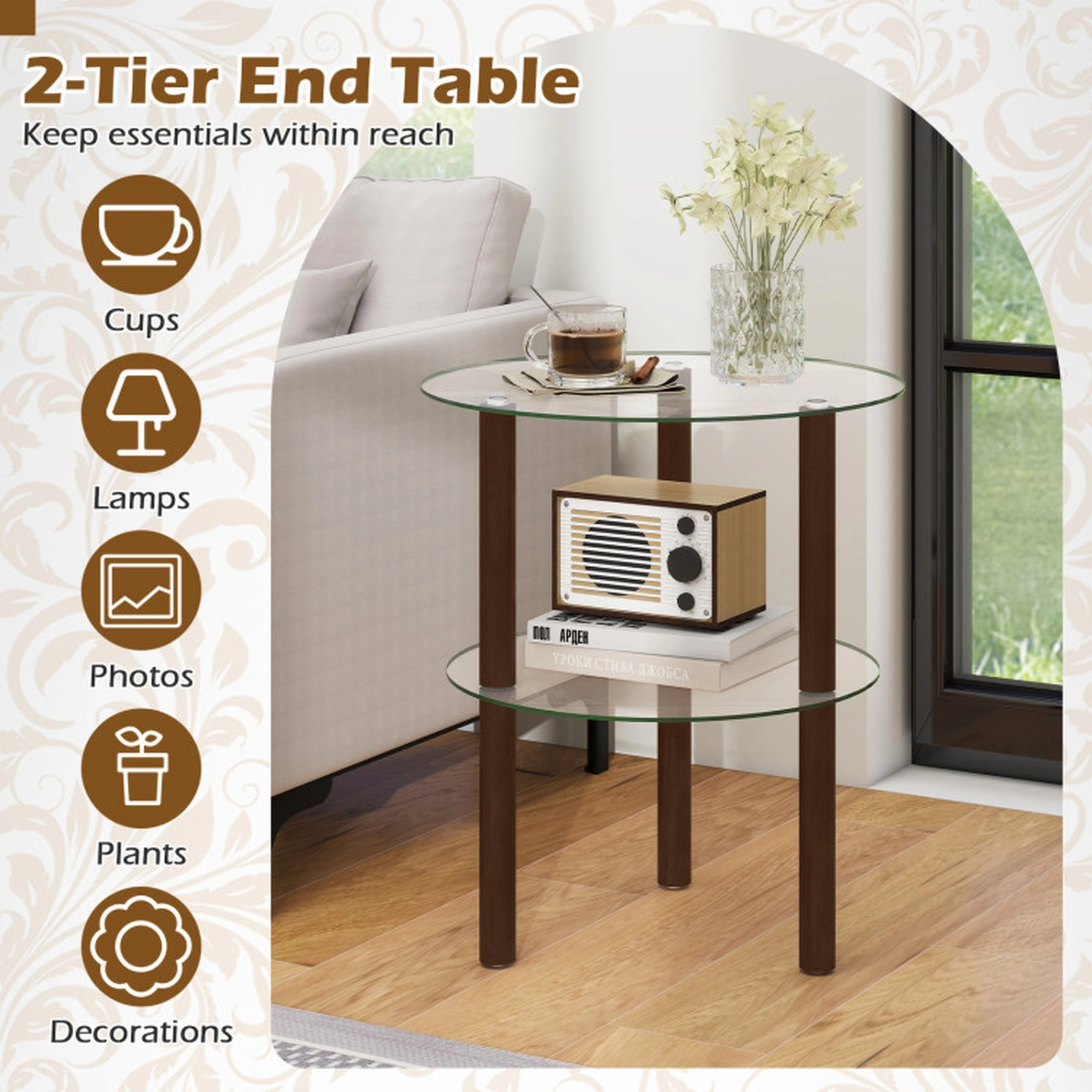 SUGIFT 2-Tier Round End Table with Clear Tempered Glass Top and Shelf 110-lb Capacity Brown