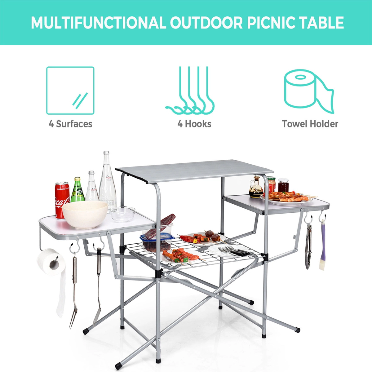 SUGIFT 57.5-Inch Foldable Grill Table, Aluminum Top, 2 Side Shelves, 4 Hooks, Paper Towel Holder, Carry Bag