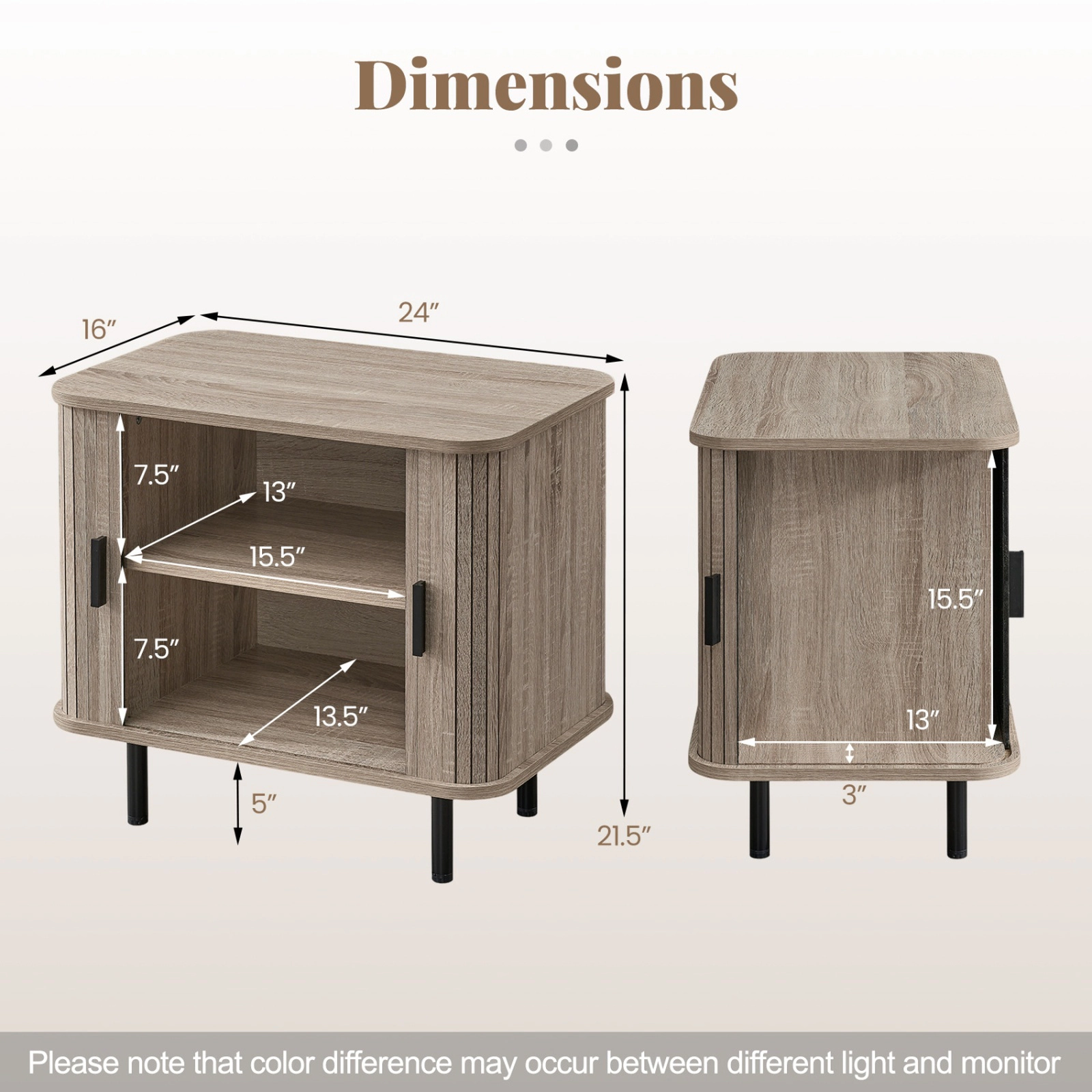 SUGIFT Modern Mid Century Nightstand End Table with Sliding Tambour Doors and Storage Shelf 88-lb Tabletop Capacity