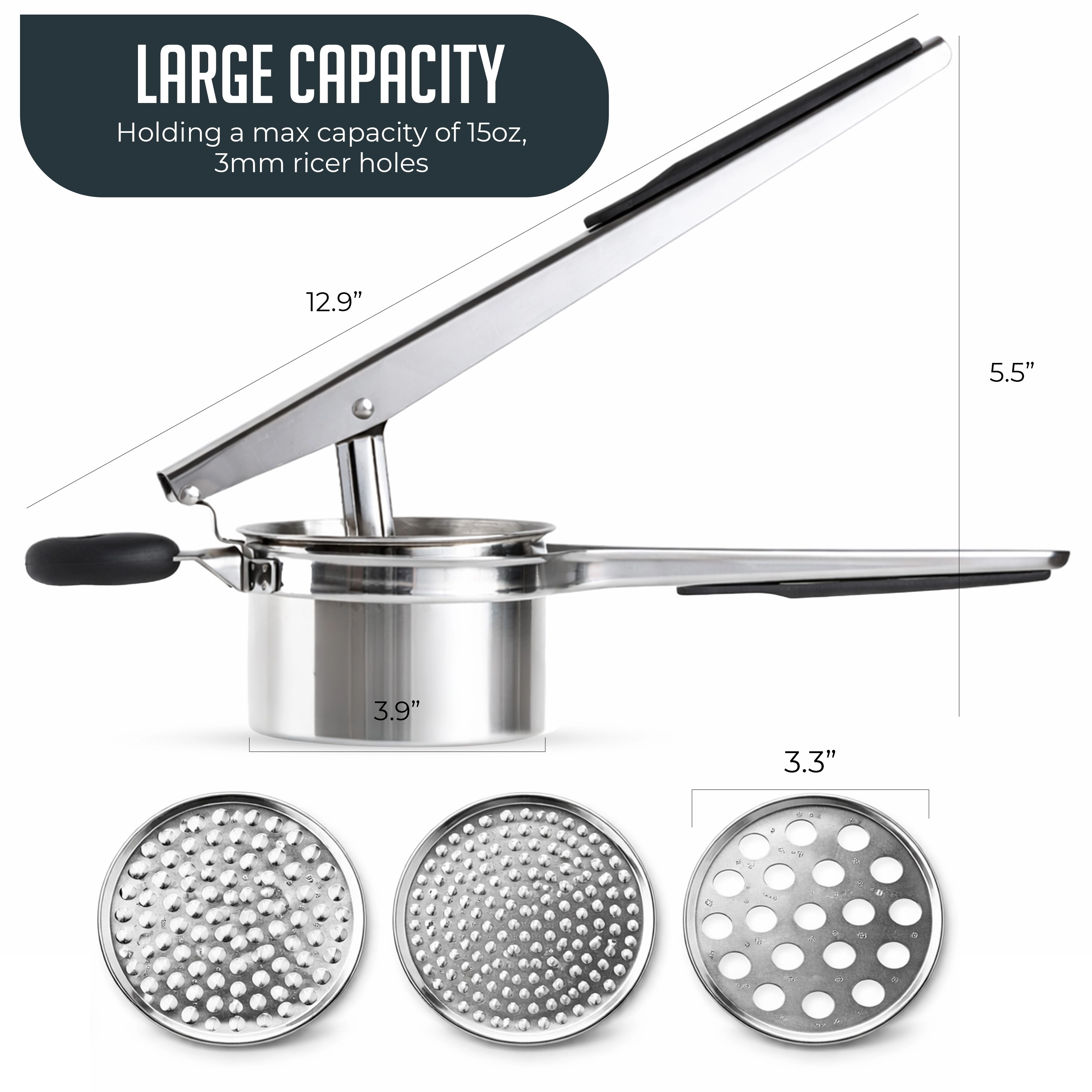 Luminuxe 15oz Potato Ricer, Heavy Duty Stainless Steel Potato Masher & Ricer Kitchen Tool, Nonslip Handle, Press & Mash