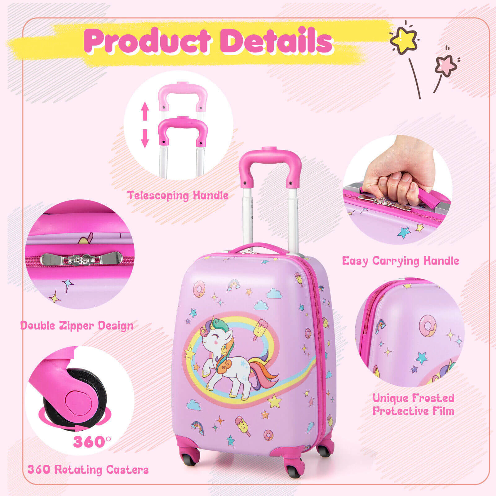 SUGIFT Kids Carry-on Hardside Luggage with 12.5-in Suitcase and 13-in Backpack Pink