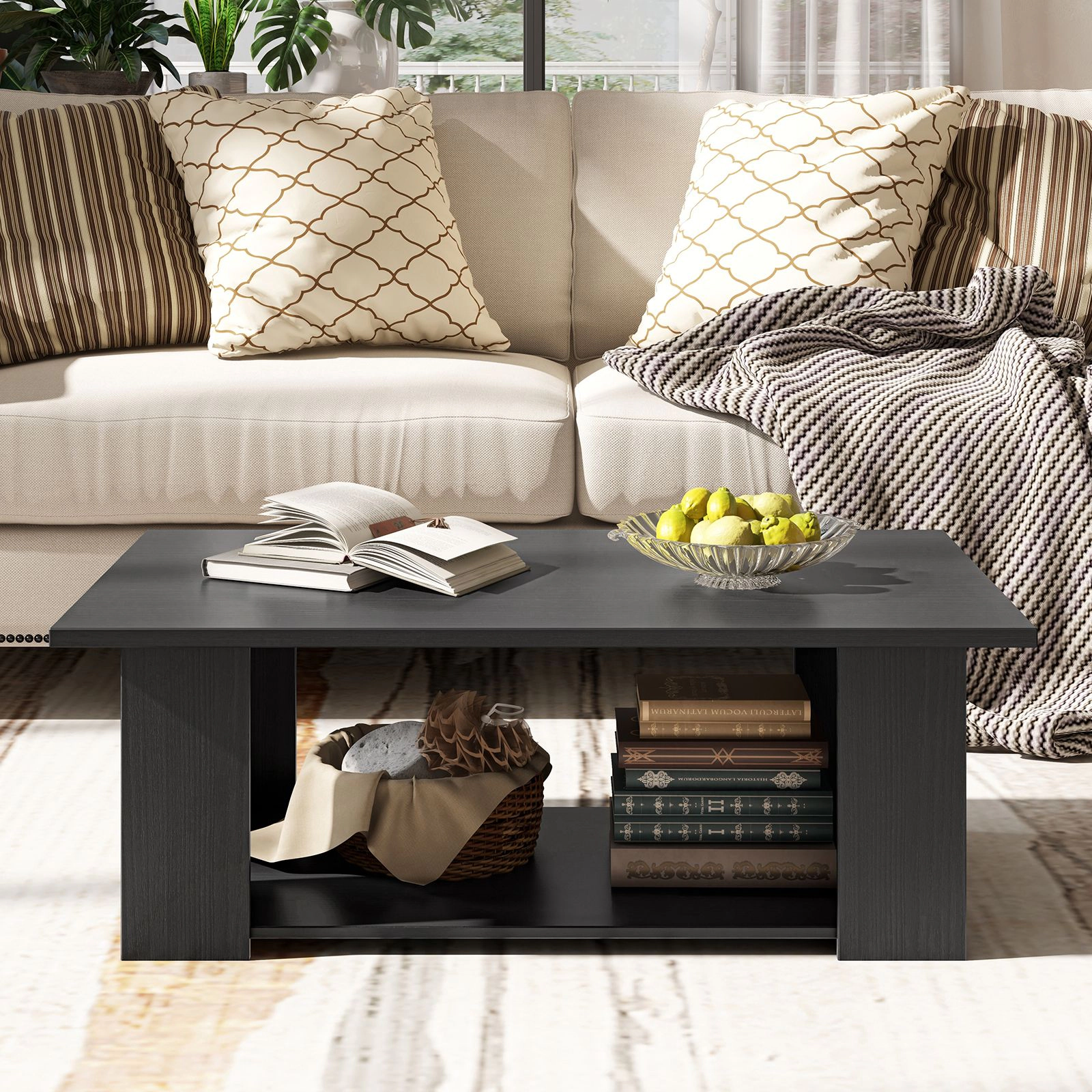 SlickBlue 41 Inch 2 Tier Wooden Coffee Table with Storage Shelf