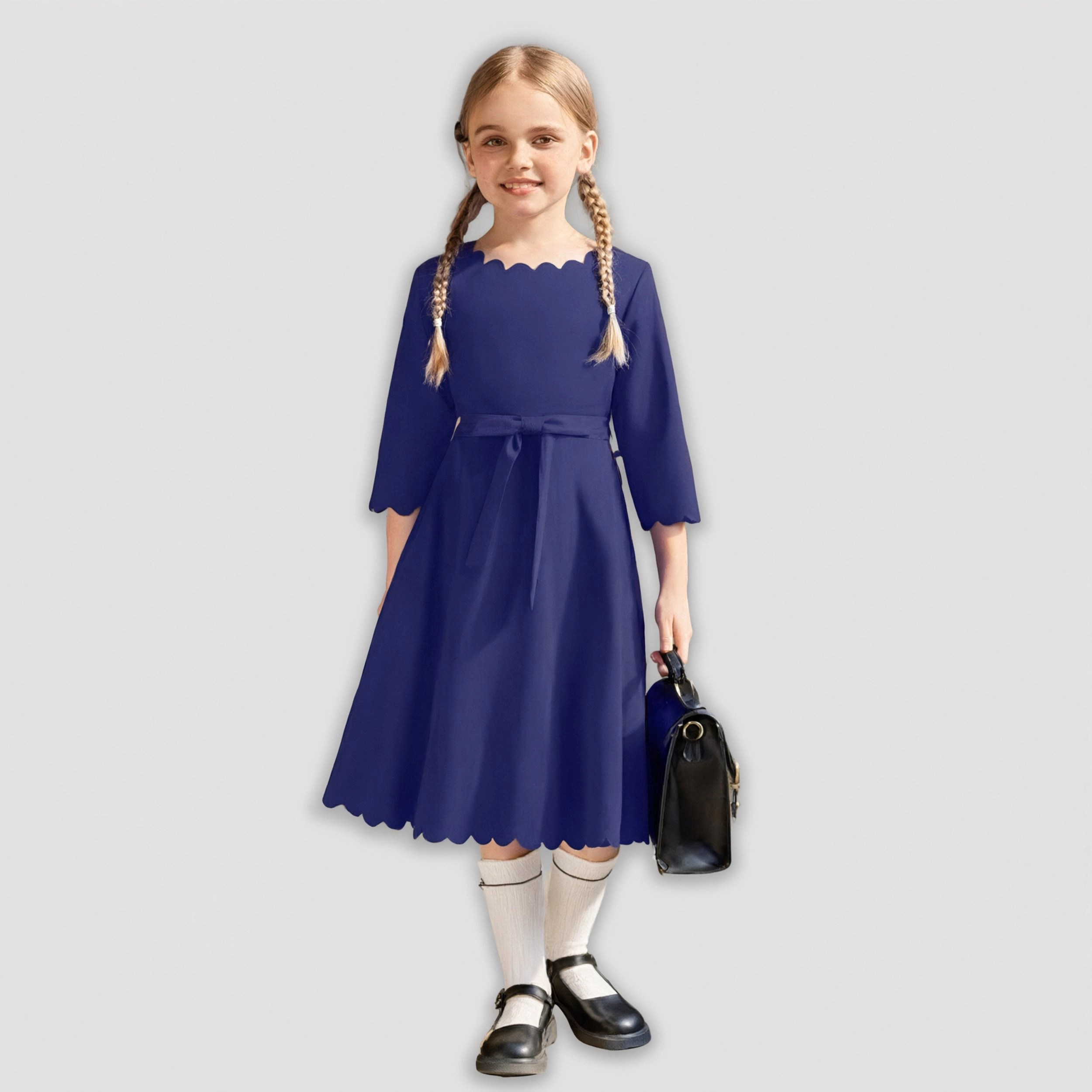 Arshiner Girl's Scallop Trim Belted A-Line Midi Dress with Pockets
