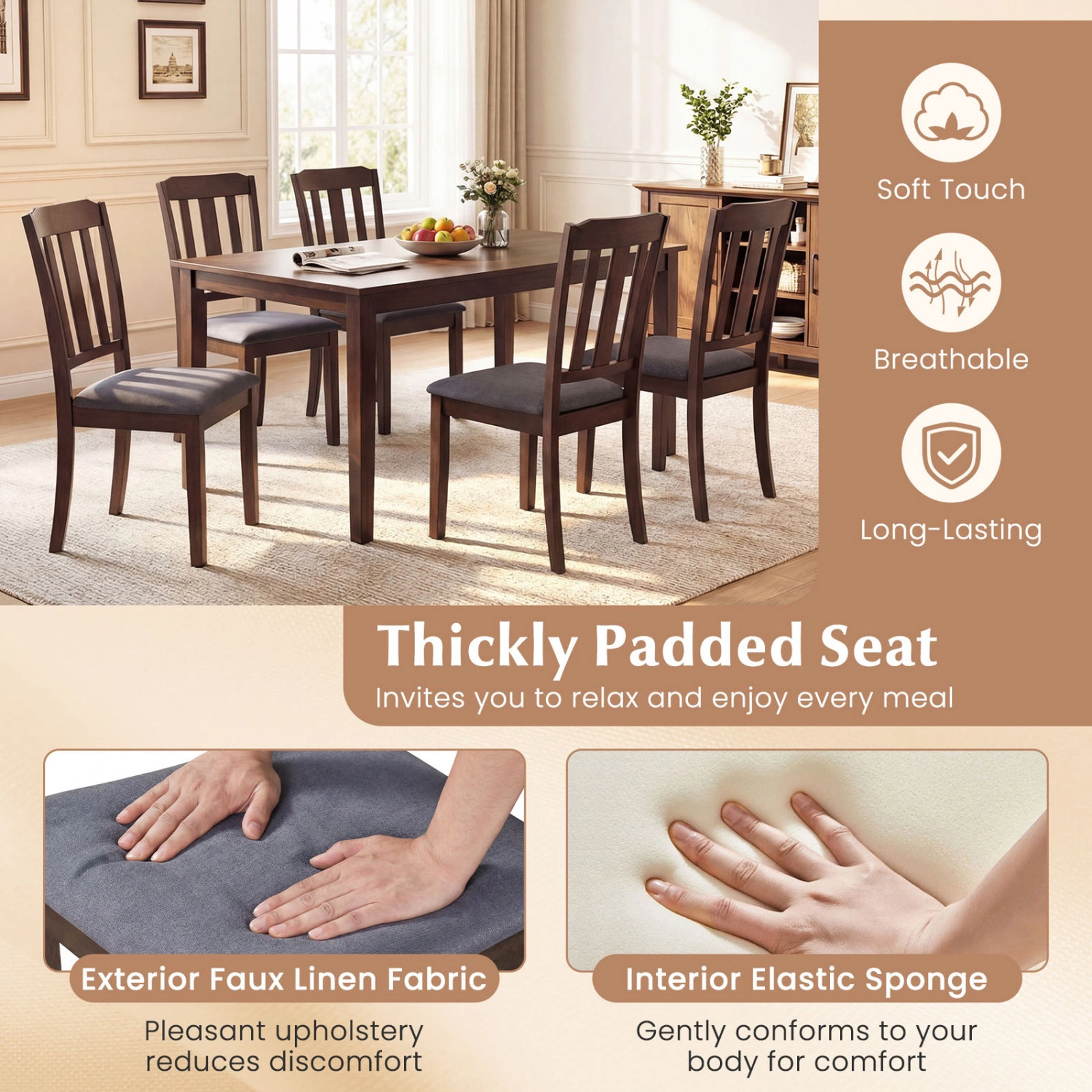 SUGIFT Set of 2 Faux Linen Dining Chairs with Hollow Backrest