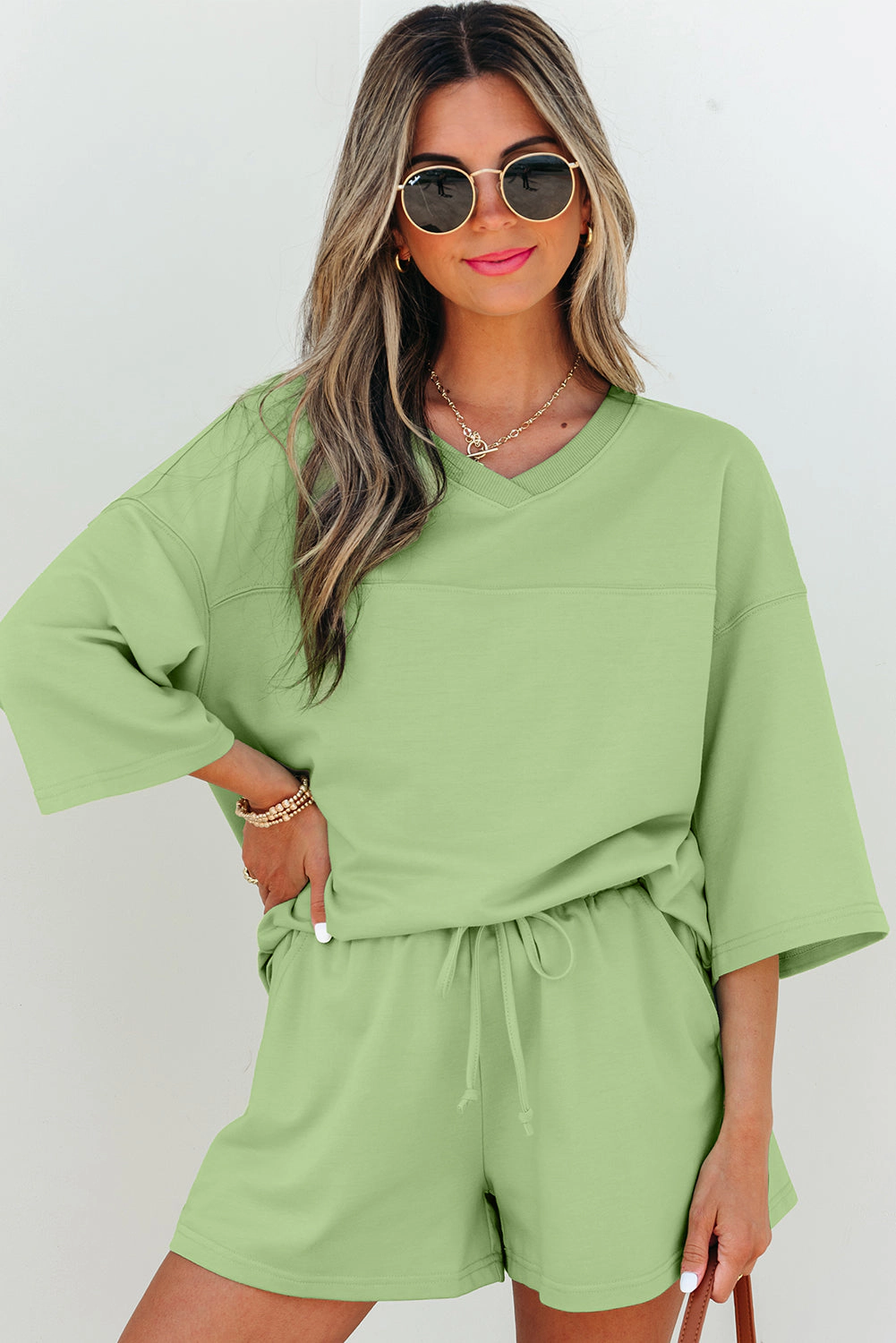 Threaded Pear Women's Emmeline Loose V Neck Half Sleeve Tee and Shorts