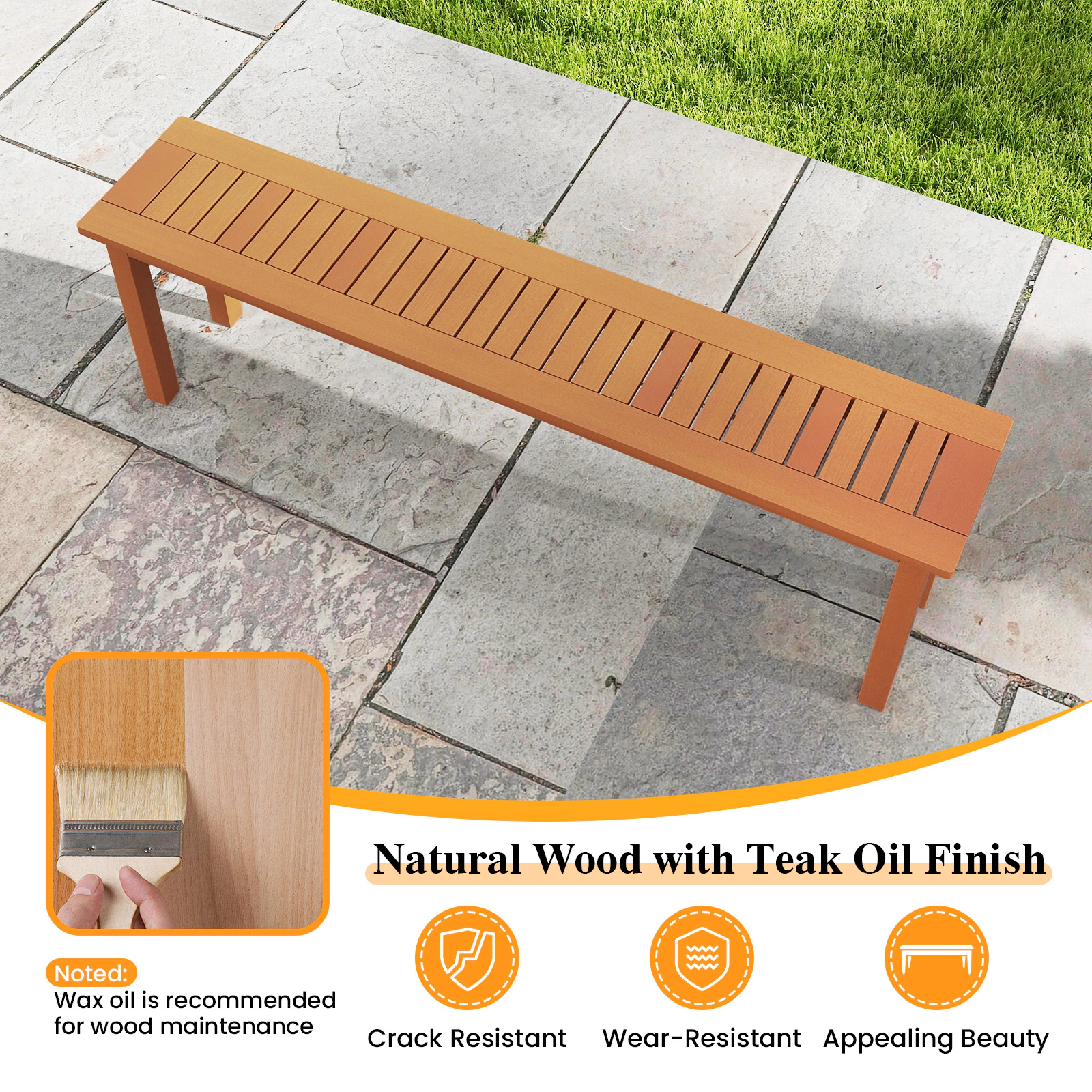LJG Outdoor 59 Inch Long Patio Dining Backless Wooden Bench with Teak Oil Finish
