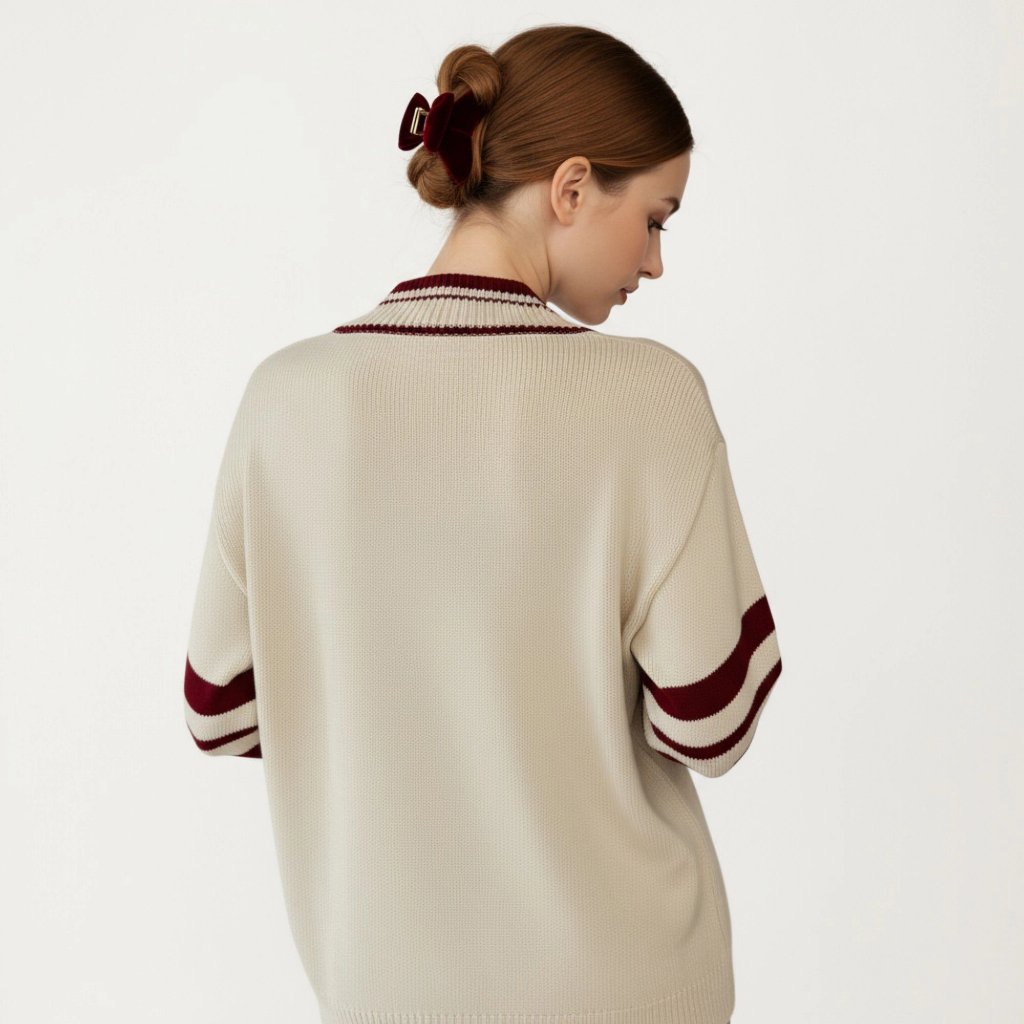 Anna-Kaci Women's Long Sleeve V-Neck Knit Sweater with Contrast Stripe Trim and Ribbed Hem