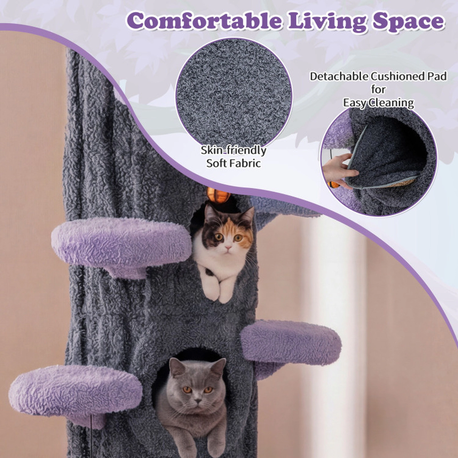 SUGIFT Purple 90.5-in Tall Multifunctional Cat Tree with Private Condos and Sisal Scratching Panel