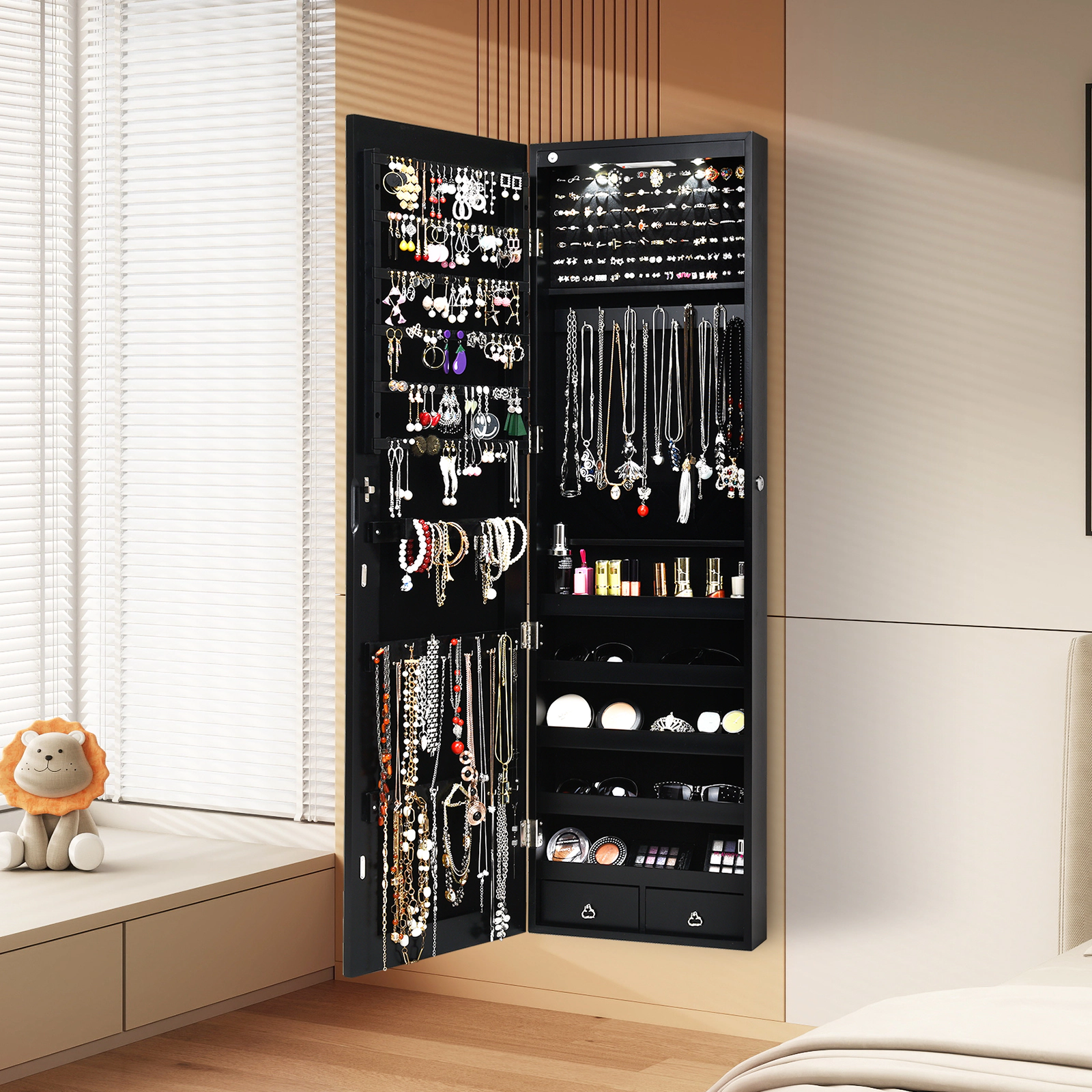 SUGIFT Black LED Lighted Mirrored Jewelry Cabinet Wall and Door Mounted Lockable Armoire with Full Mirror