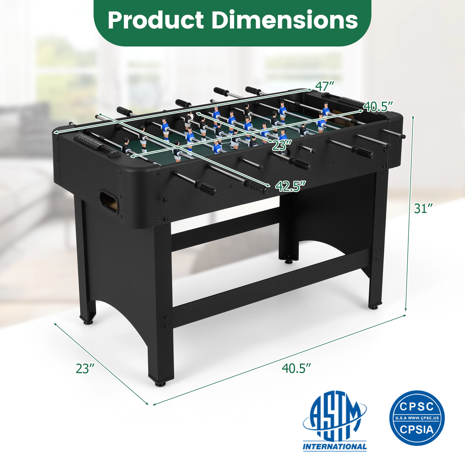 SUGIFT Wide Side Board Full Size Foosball Soccer Game Table with 22 Players 37.5-lb Net Weight Black