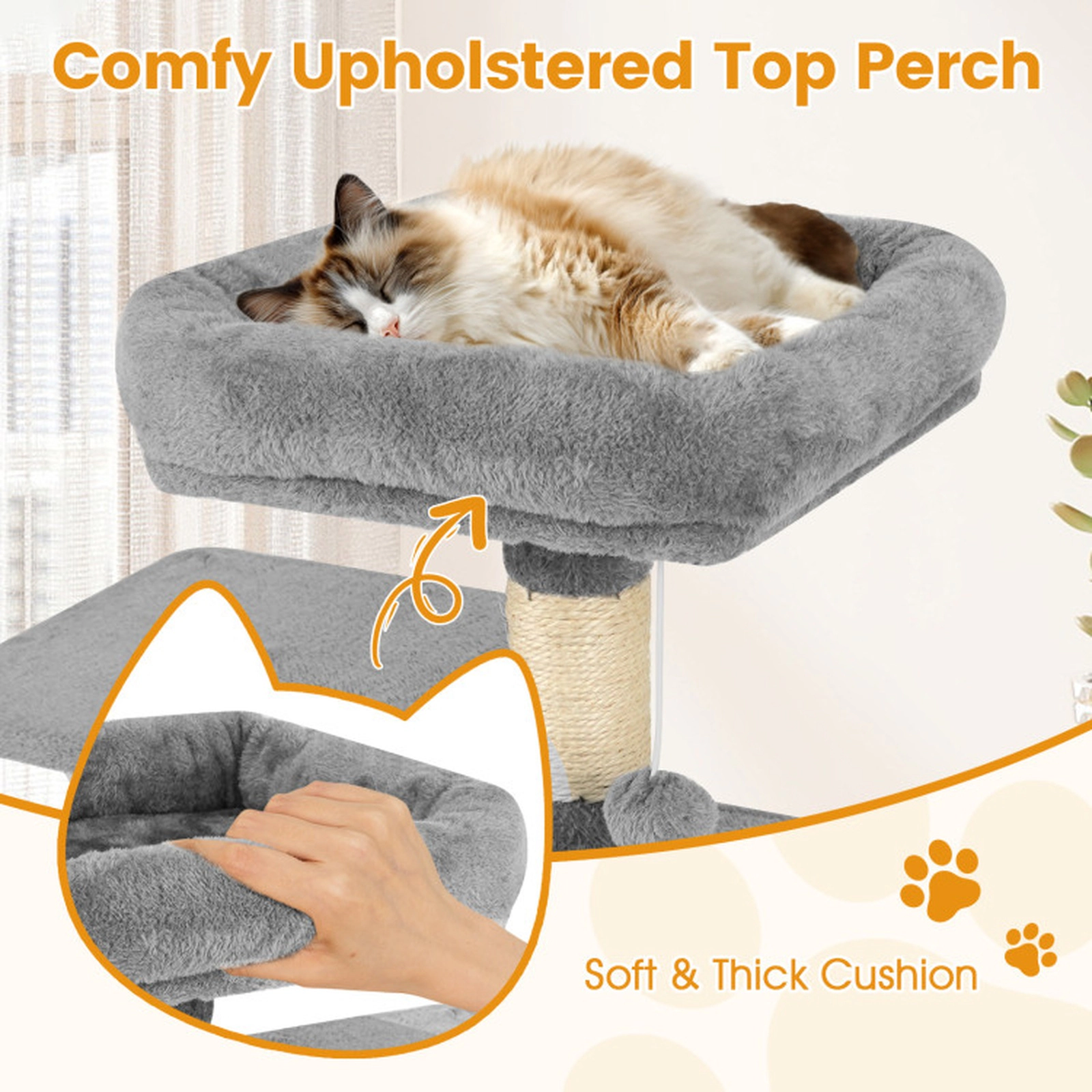 SUGIFT 58-in Light Gray Multi-Level Plush Cat Tree Tower with 14-in Padded Top Perch and Anti-Tip Device