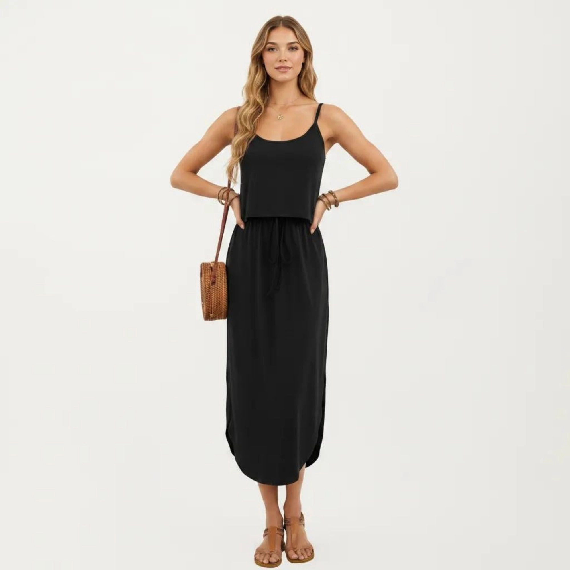 Anna-Kaci Women's Sleeveless Spaghetti Straps Adjustable Drawstring Waist Fit Midi Dress