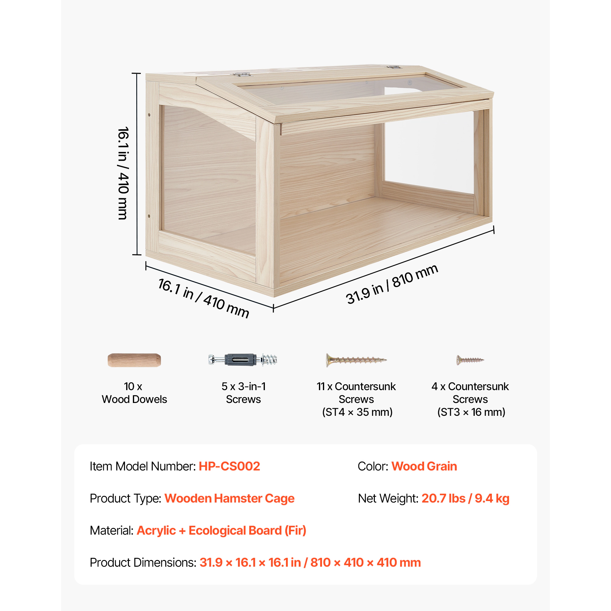 HONGGE Wooden Hamster Cage with 270° Acrylic View Panel, 31.9 x 16.1 x 16.1 in, for Hamsters, Guinea Pigs & Gerbils