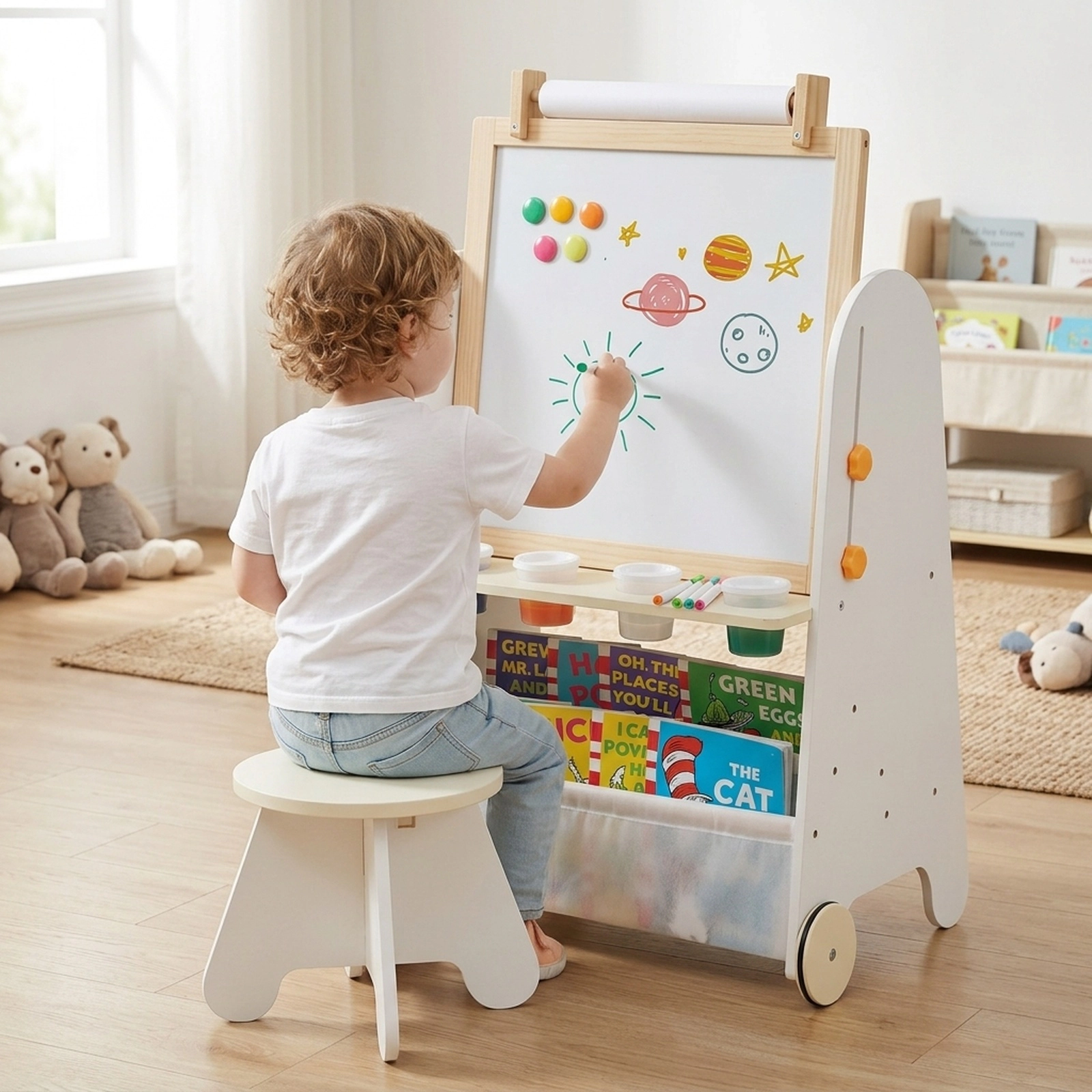 4-in-1 Toddler Art Easel and Activity Table Set with Stool Magnetic Whiteboard Chalkboard 10-ft Paper Roll Natural