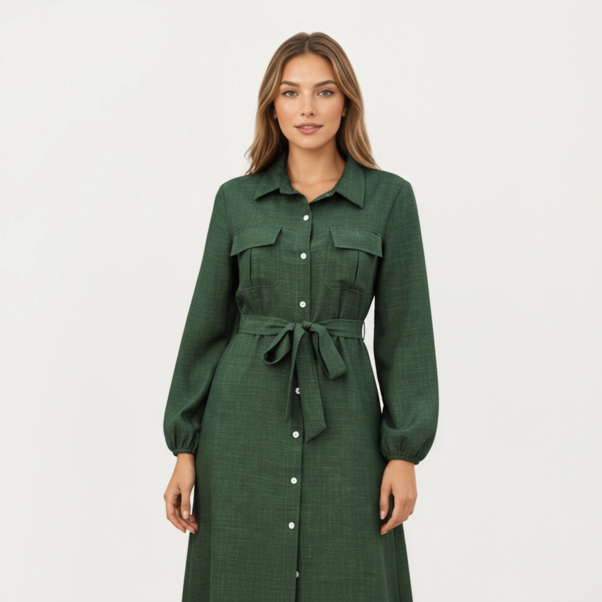 Anna-Kaci Women's Long Sleeve Button Front Waist Tie Utility Pockets Midi Dress