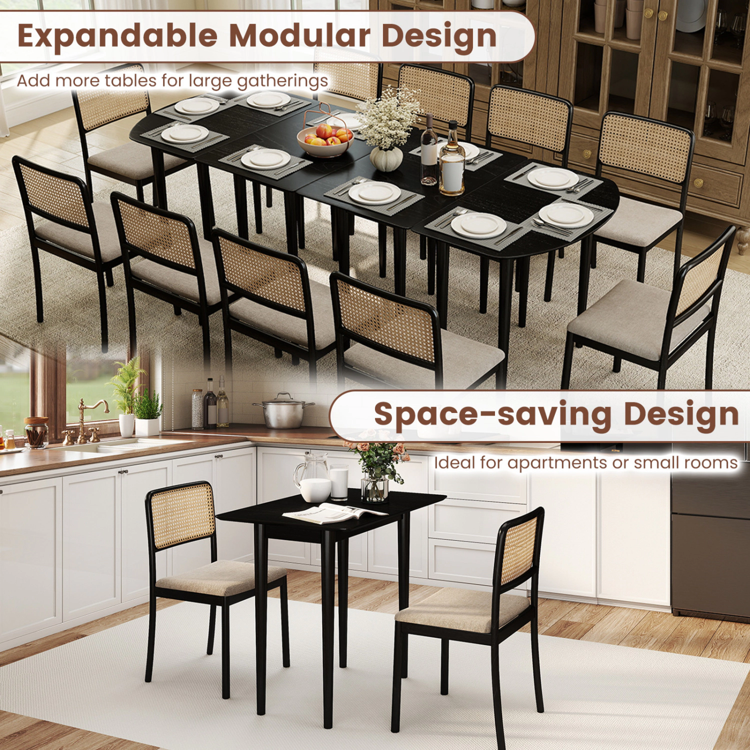 LJG Extendable Oval Dining Table Set with 2 Half-Round Tables for 4-6 People