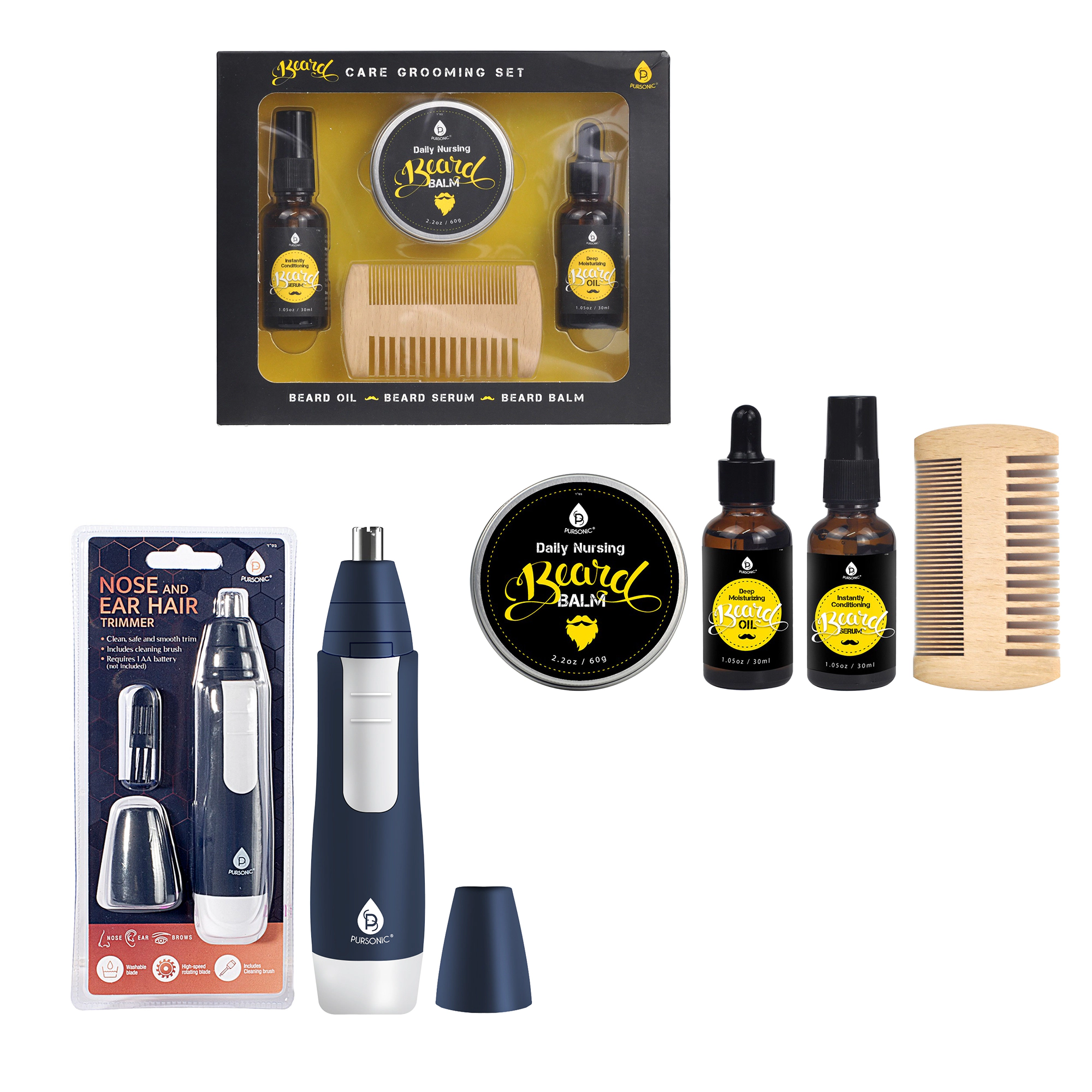 Pursonic Men’s Complete Beard Care & Facial Grooming Kit with Beard Oil, Balm, Serum & Trimmer