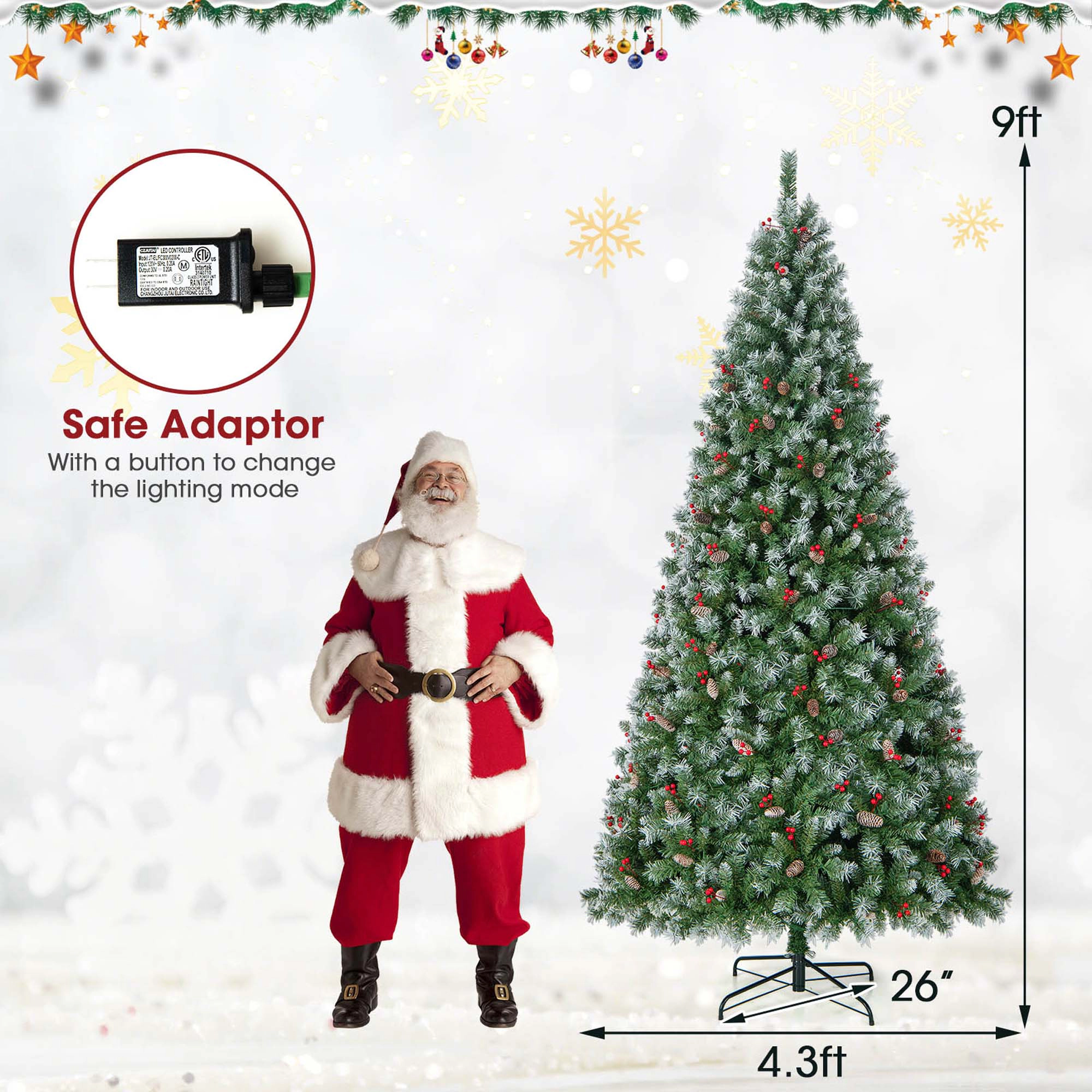 Costway 9 FT Artificial Christmas Tree Hinged with 650 Warm LED Lights & 309 Red Berries