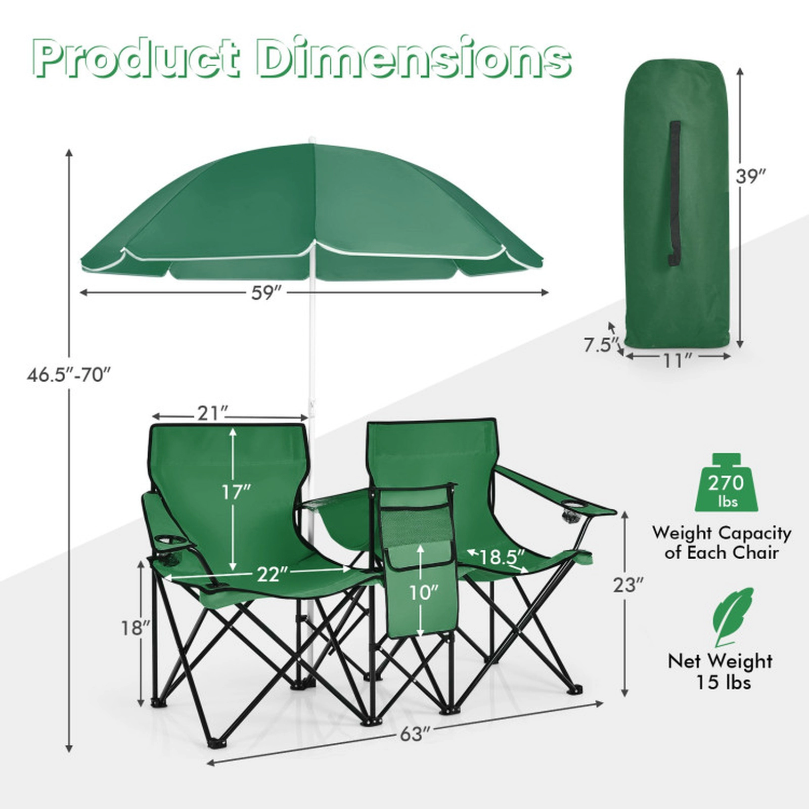 SUGIFT 2-Seat Folding Loveseat with Removable Umbrella and Cooler Bag, 600 lb Capacity