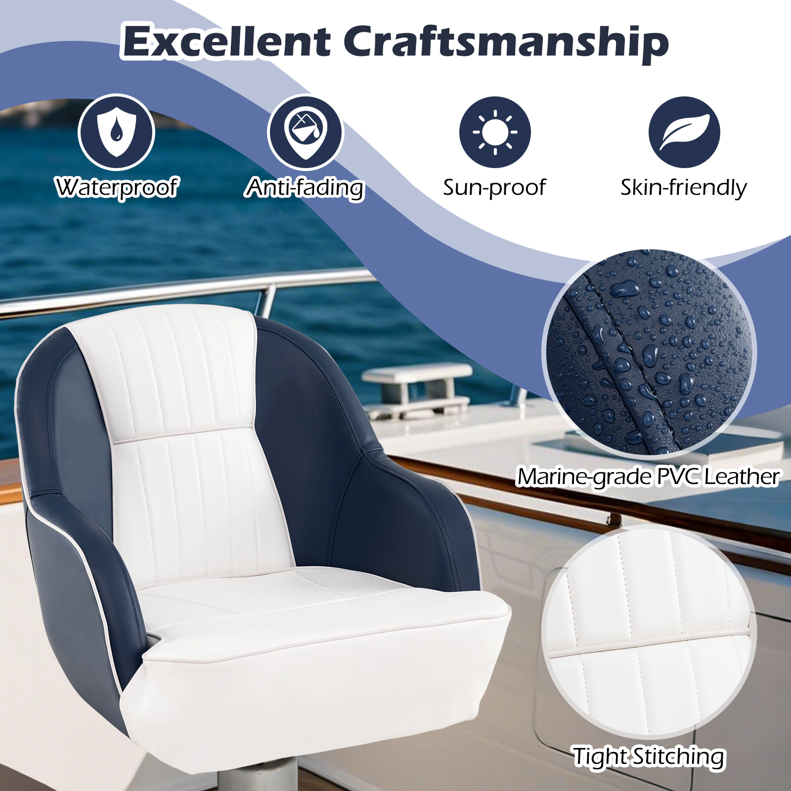 SUGIFT Captain Bucket Pontoon Boat Seat Chair 330-lb Capacity Blue+White Water Toy