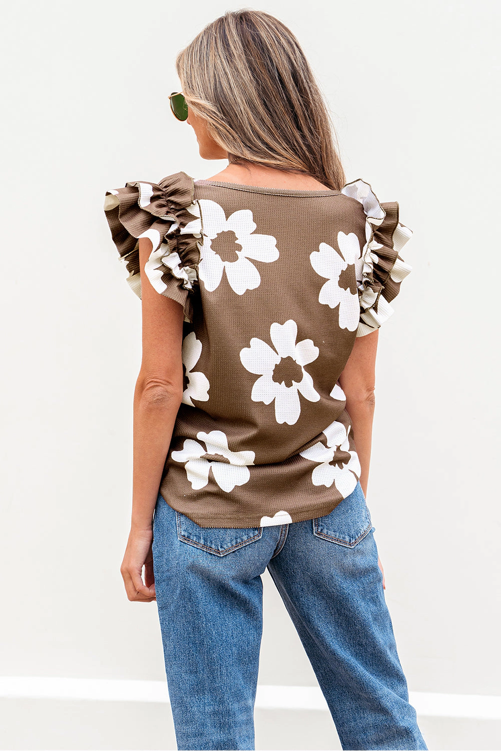 Threaded Pear Women's Vada Floral Textured Ruffled Sleeve Blouse