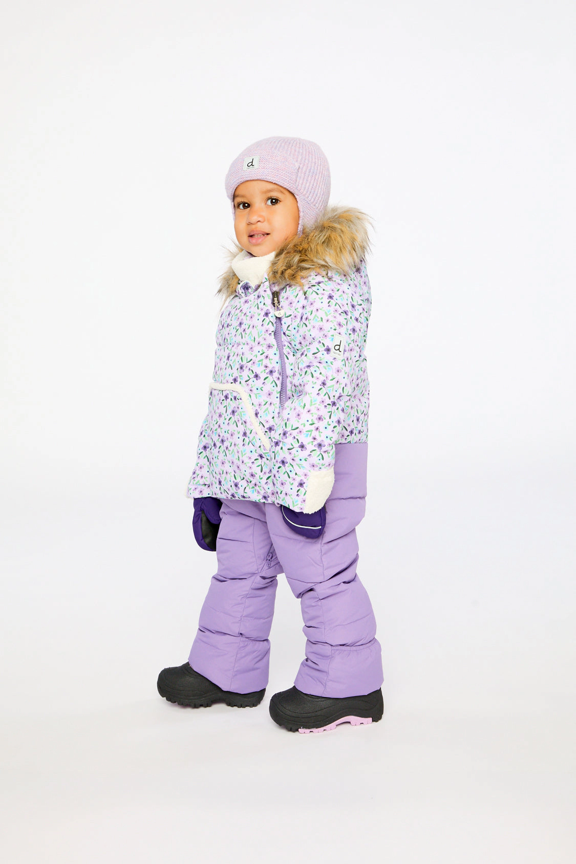 Deux par Girls Snug Mini Flower Print One Piece Snowsuit Adapted for Car Seats with Faux Fur-Trimmed Hood