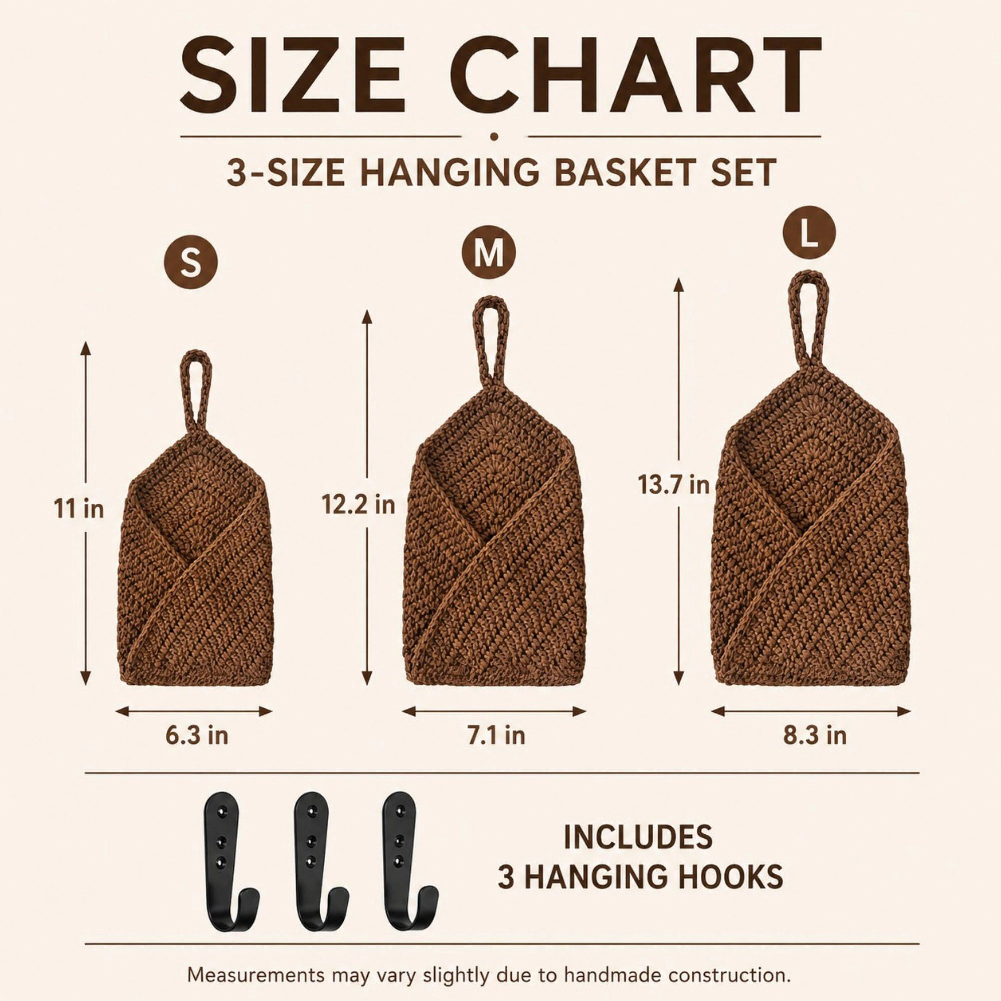 Alilang Unisex Woven Cotton Rope Hanging Basket Set Wall Storage Organizer with Hooks