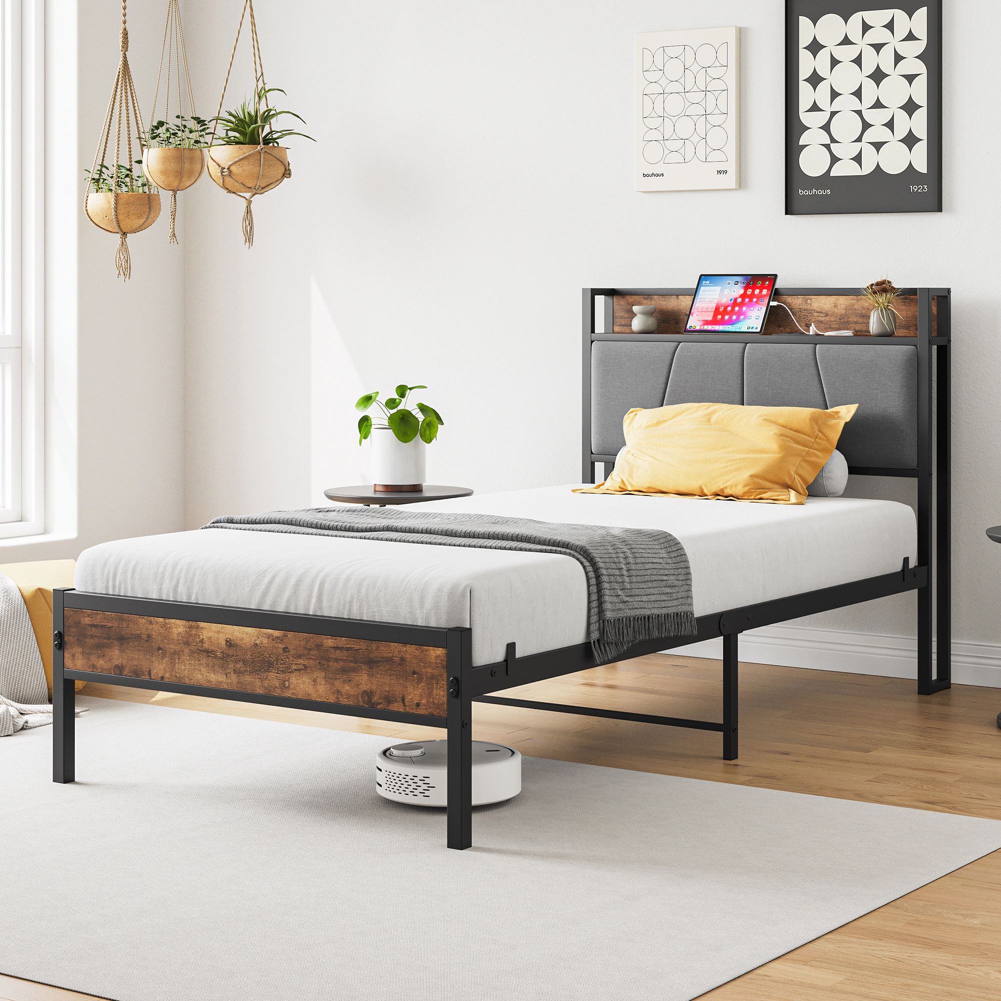 Flynama Twin Bed Frame with Storage Headboard & Charging Station, No Box Spring Needed