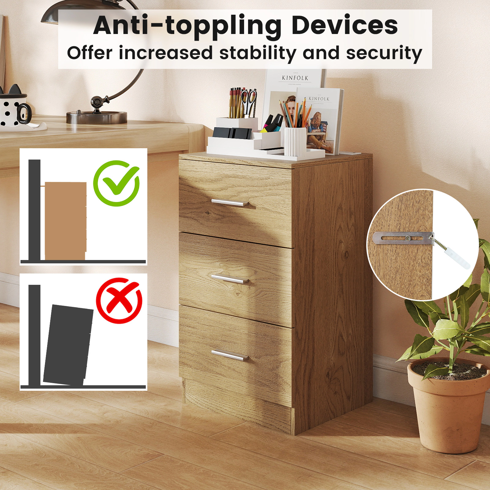 Glintex 2-Piece Nightstand Set with Charging Station 3 Drawers and Anti-Toppling Devices
