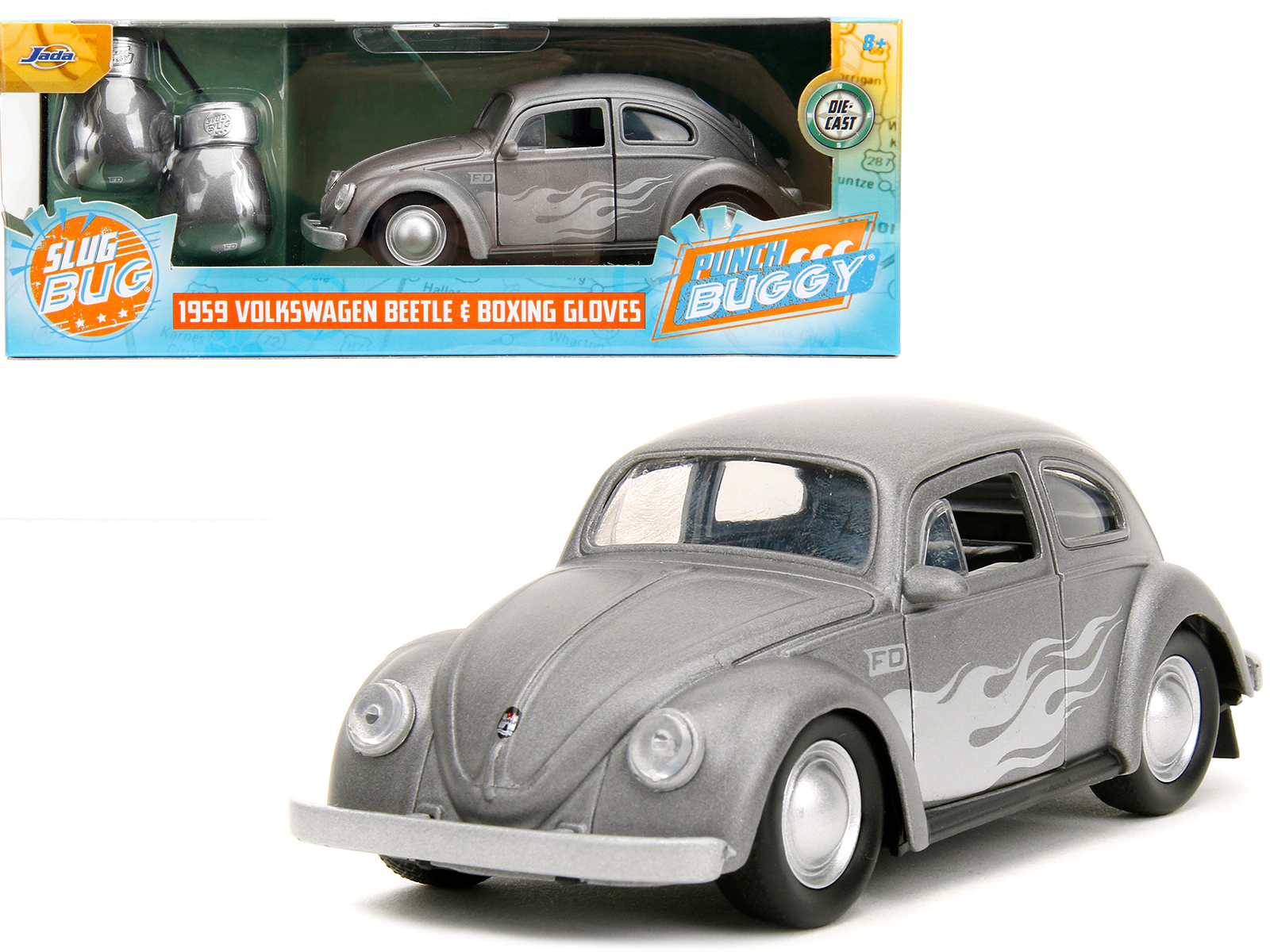 Jada 1959 Volkswagen Beetle Gray Metallic with Silver Flames and Boxing Gloves Accessory "Punch Buggy" Series