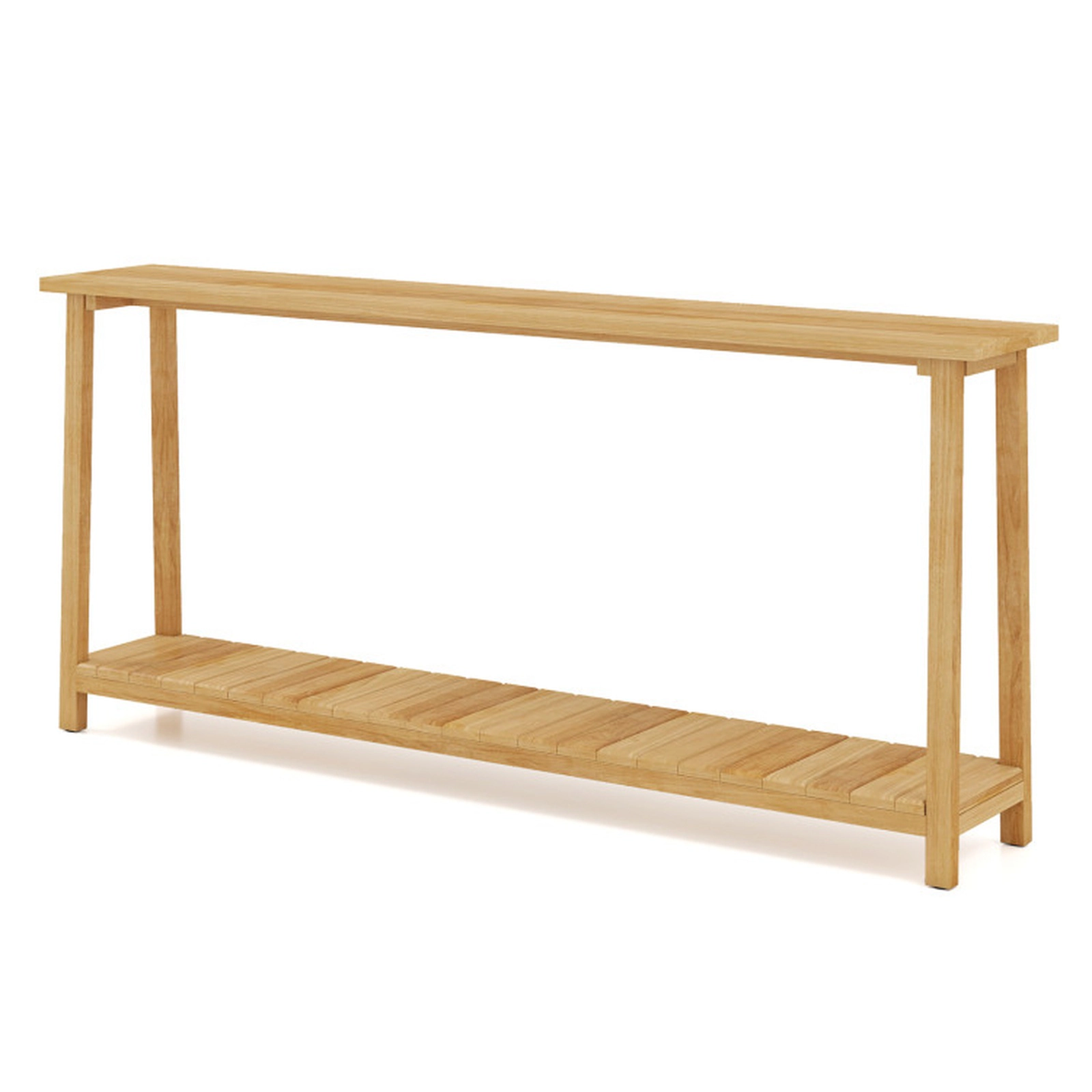 SUGIFT 71-in Long 12-in Narrow Natural Teak Wood 2-Tier Sofa Console Table with 67-in Bottom Shelf